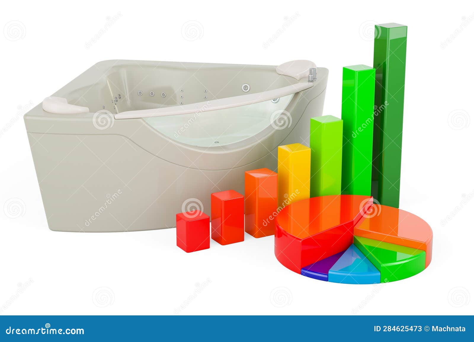 Hydromassage Tub with Growth Bar Graph and Pie Chart. 3D Rendering