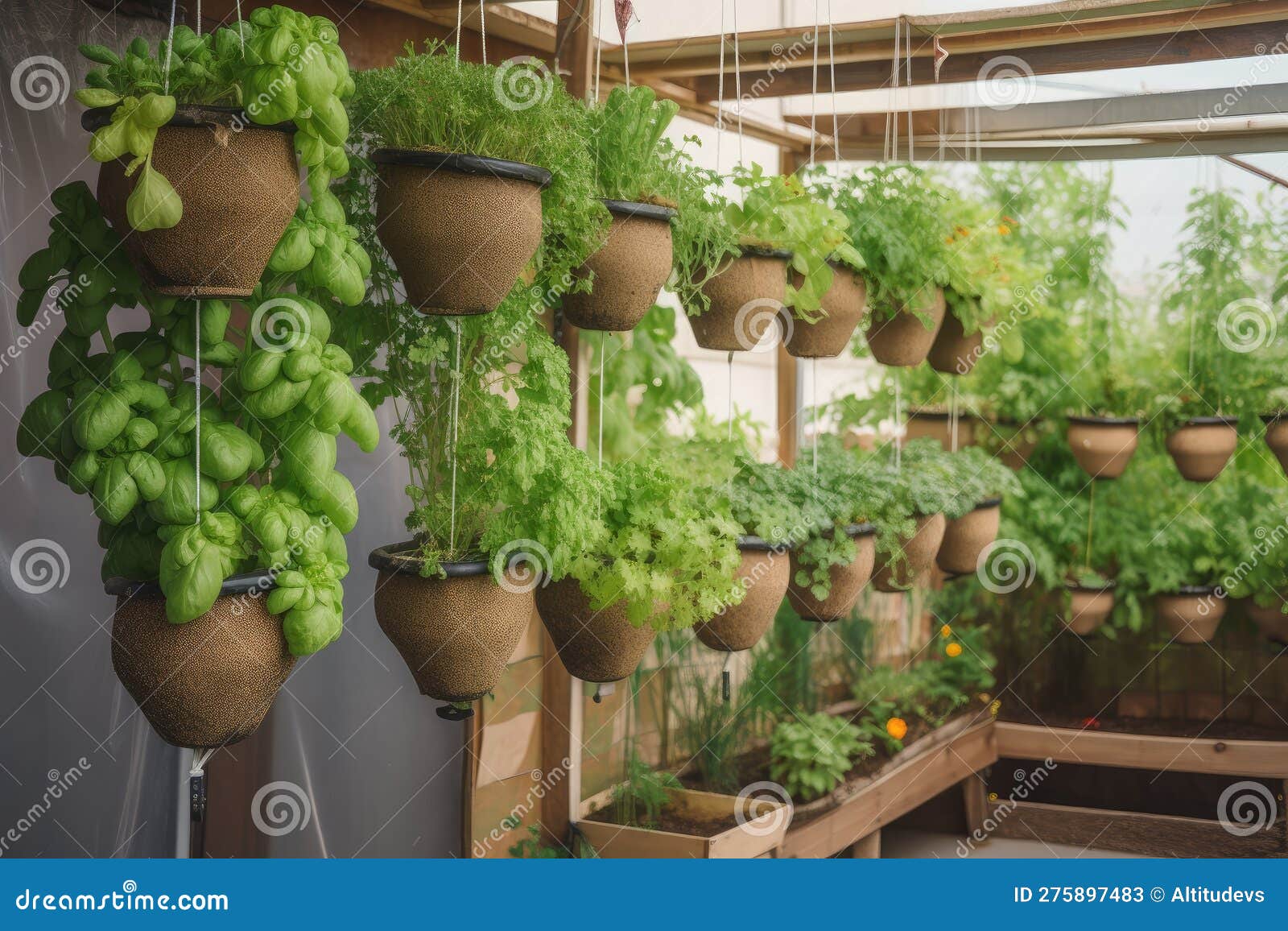 Hydroponic Garden, with Herbs and Vegetables Growing in Hanging Baskets