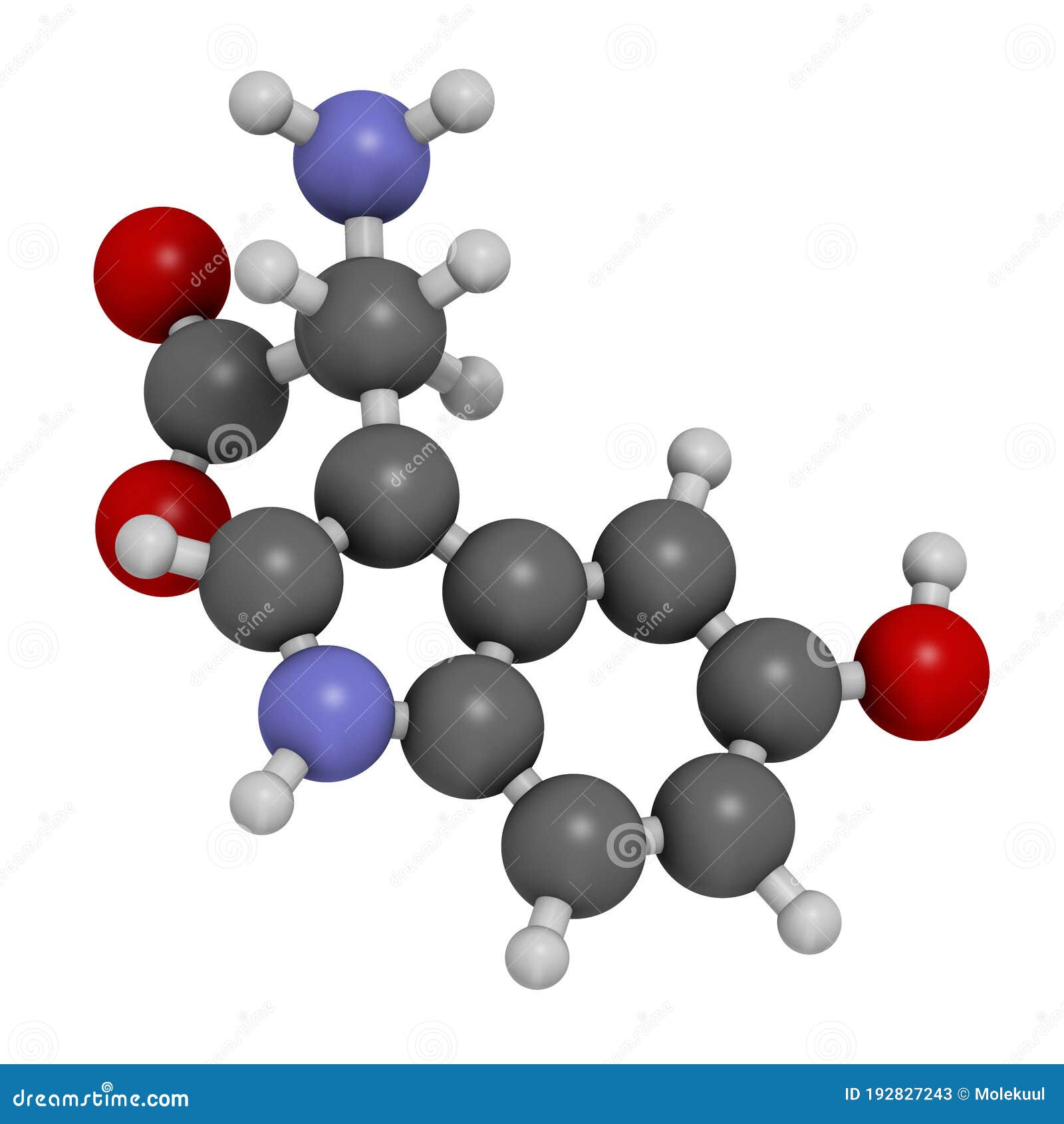 5-hydroxytryptophan amino acid molecule. 3d rendering. atoms are represented as spheres with conventional color coding: hydrogen