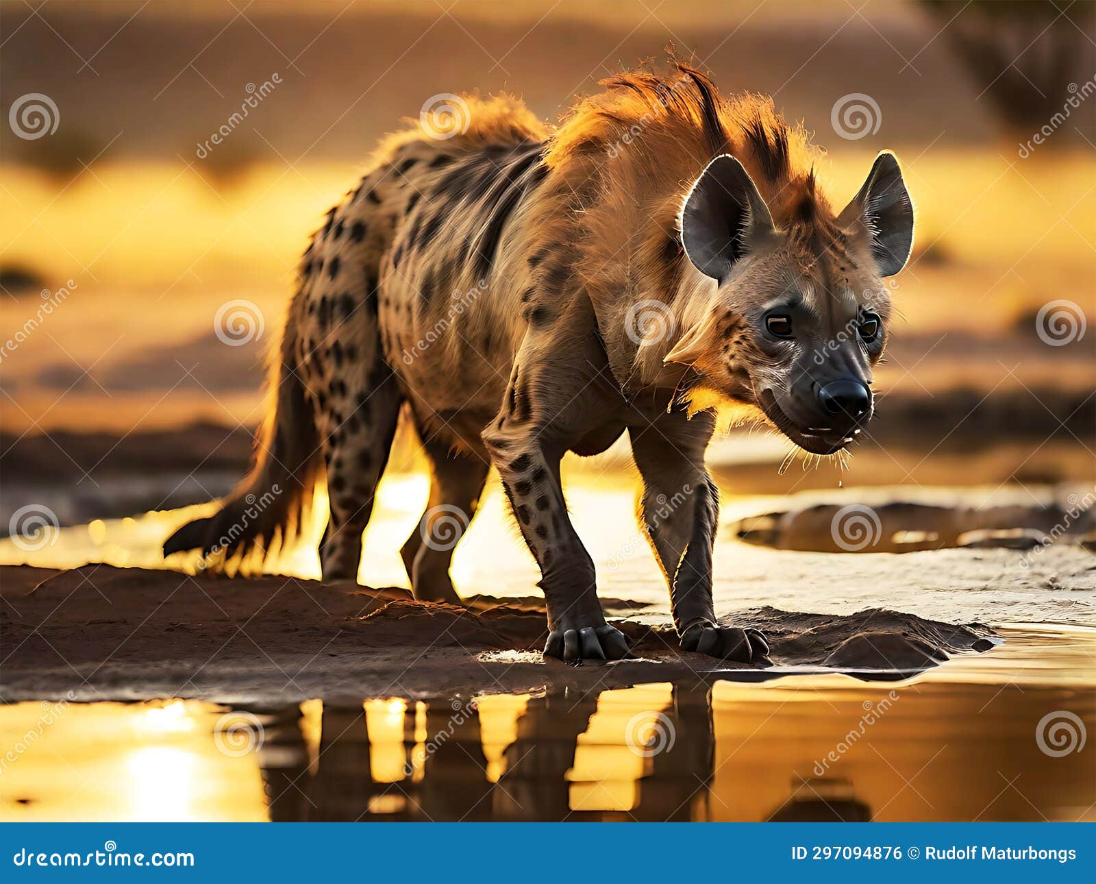 a hyena scavenging near a watering hole at dawn