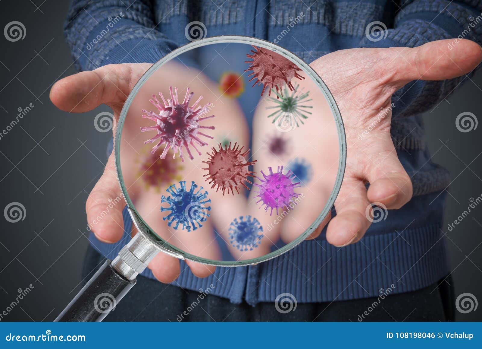 hygiene concept. man is showing dirty hands with many viruses and germs