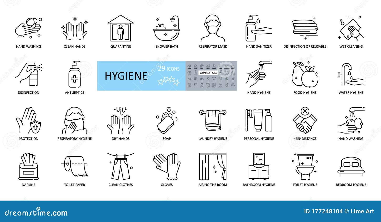 hygiene icons. set of 29 images with editable stroke. includes hygiene of hands, body, premises, clothing, bedding. hand washing