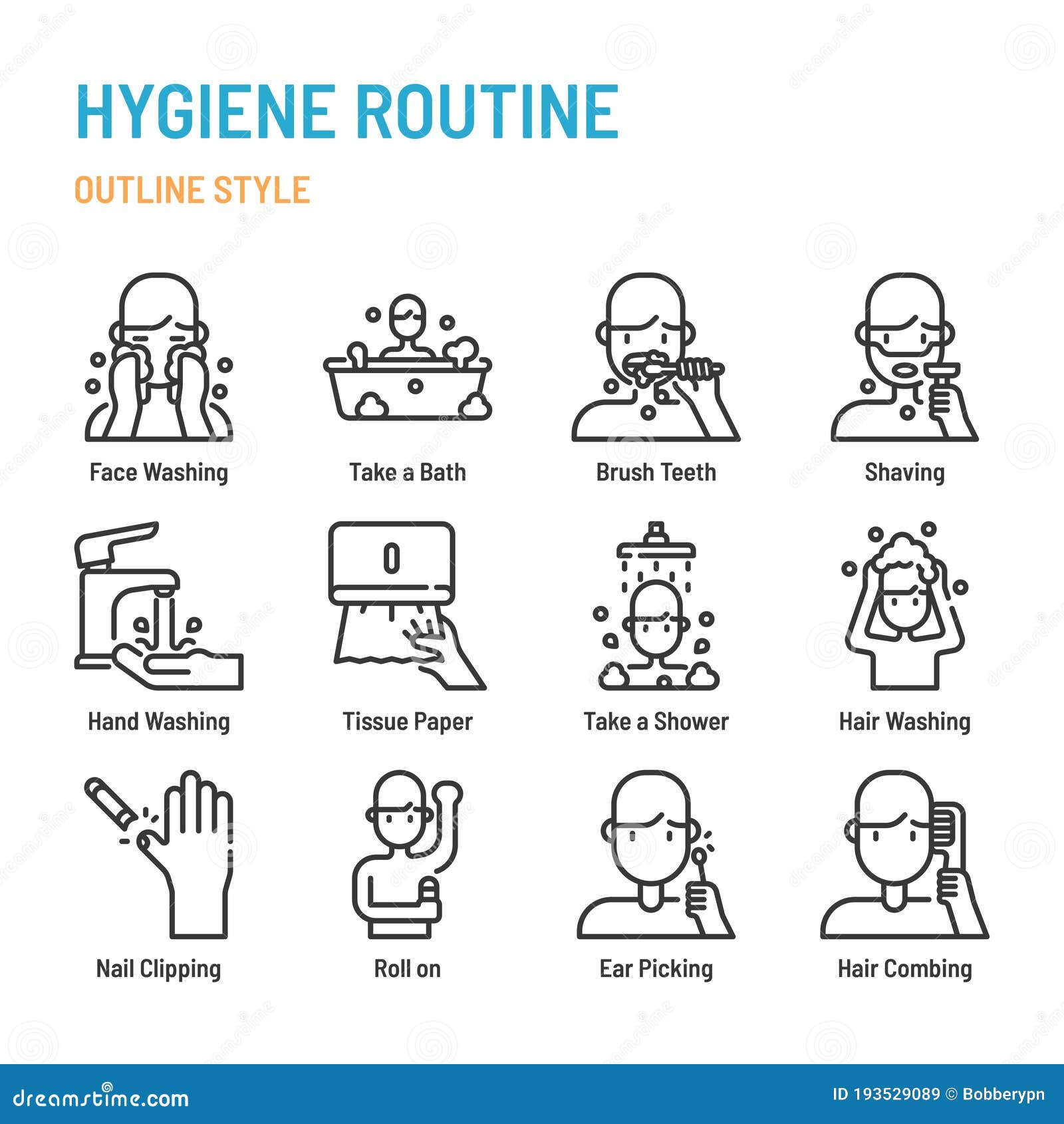 hygiene routine in outline icon and  set