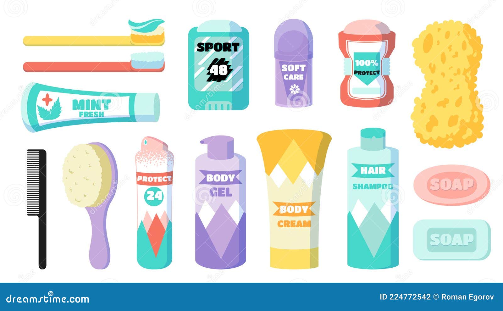 Hygiene Set. Cartoon Body and Face Skin Care daily Cosmetics