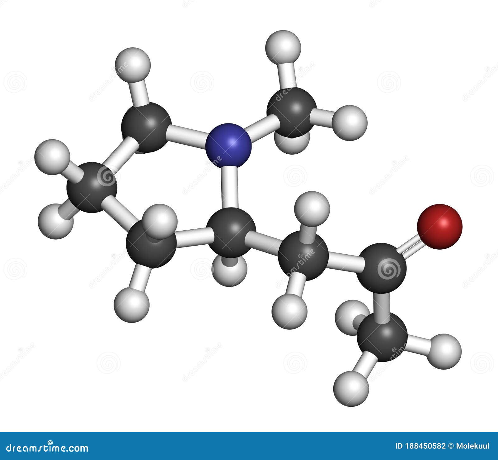 hygrine coca alkaloid molecule. 3d rendering. atoms are represented as spheres with conventional color coding: hydrogen (white),