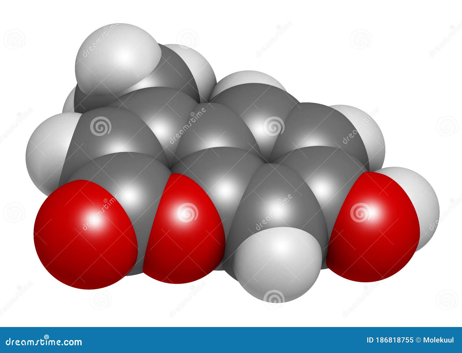 hymecromone drug molecule. 3d rendering. atoms are represented as spheres with conventional color coding: hydrogen (white), carbon