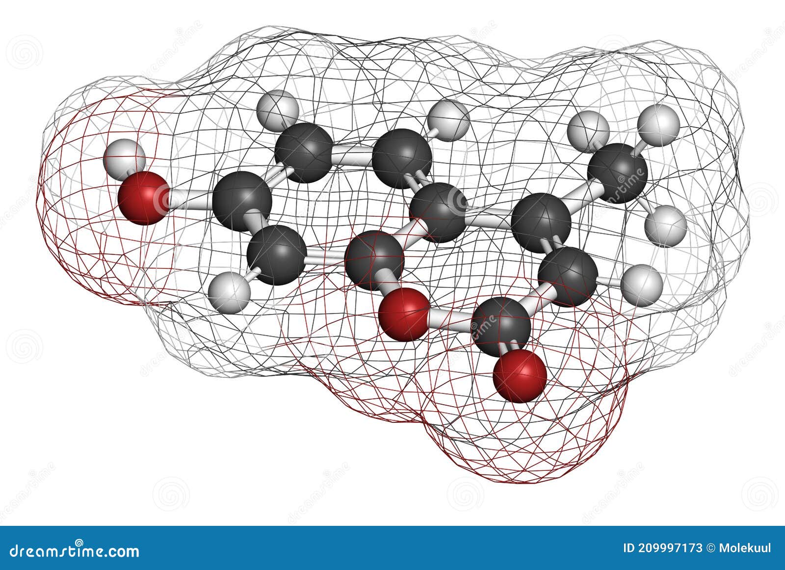 hymecromone drug molecule. 3d rendering. atoms are represented as spheres with conventional color coding: hydrogen white, carbon