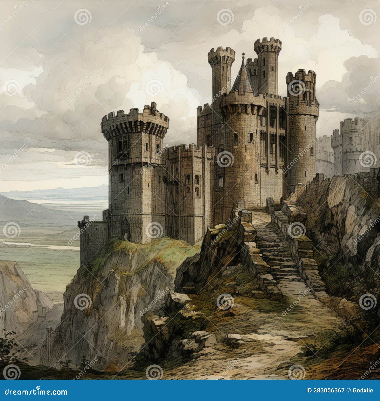 hyper realistic ai castle showcases a pathway of rocks guiding towards its grand entrance.