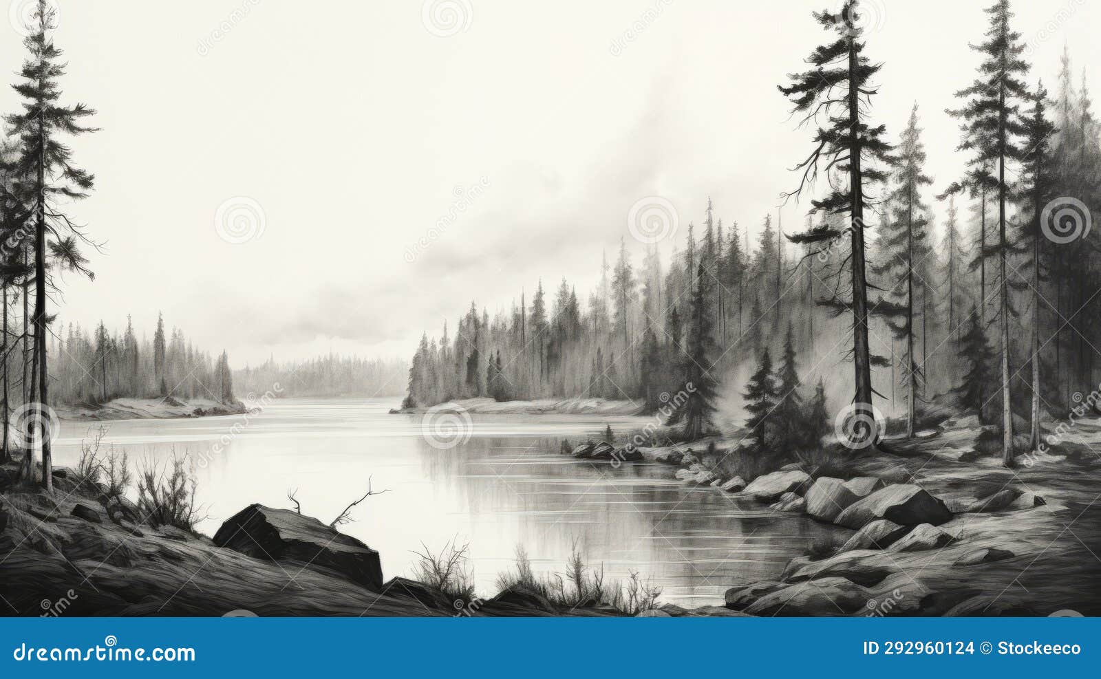 hyper-realistic black and white forest sketch with pine trees