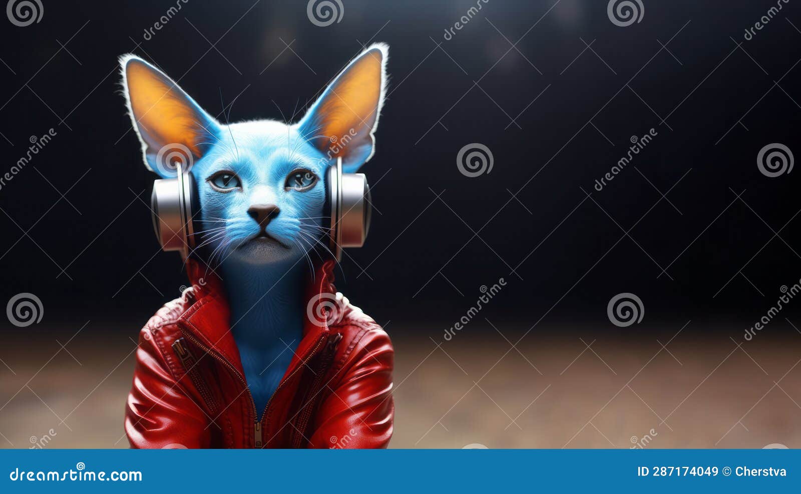 Hyper Realistic Blue Cat in Red Leather Jacket and Headphones on Dark ...