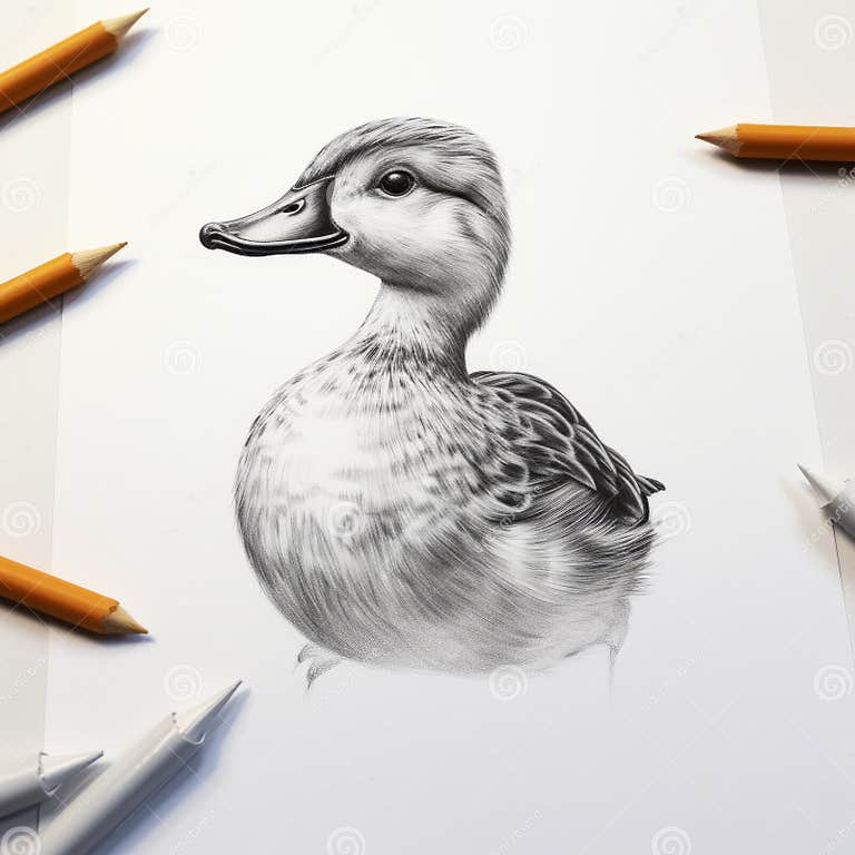 Hyper-realistic Duck Drawing with Detailed Shading and Pencils Stock