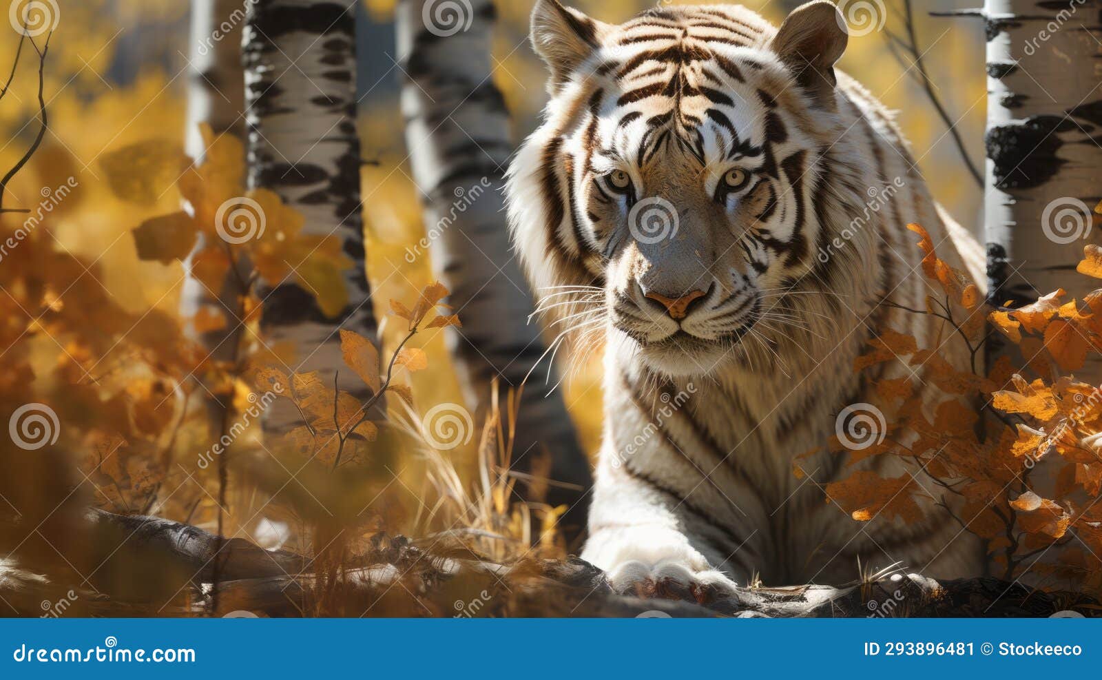 hyper realistic image of a white tiger feeding in autumn aspen grove