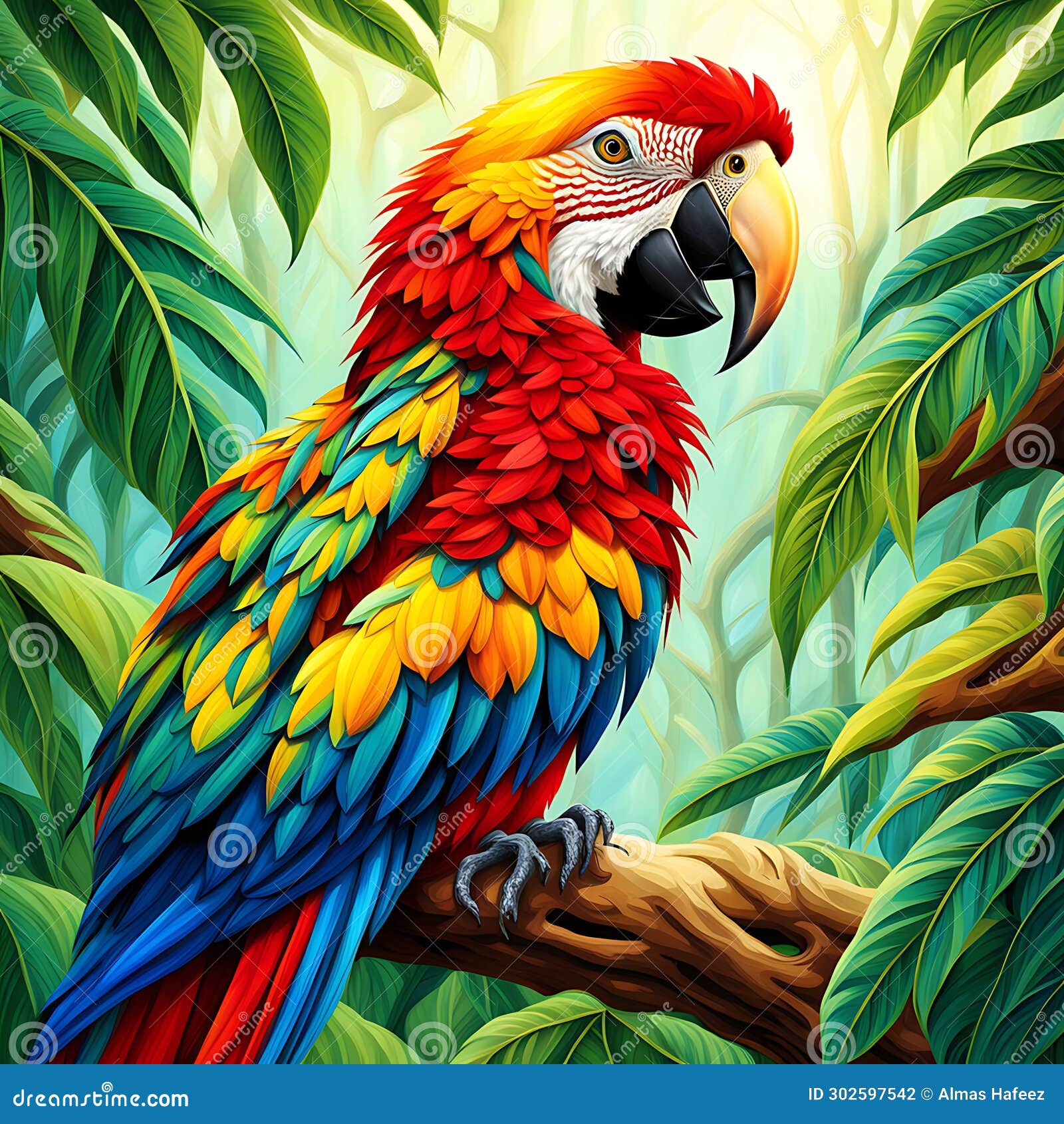 hyper realistic nature scenery capturing ultra zoom close up of a parrot in greenary