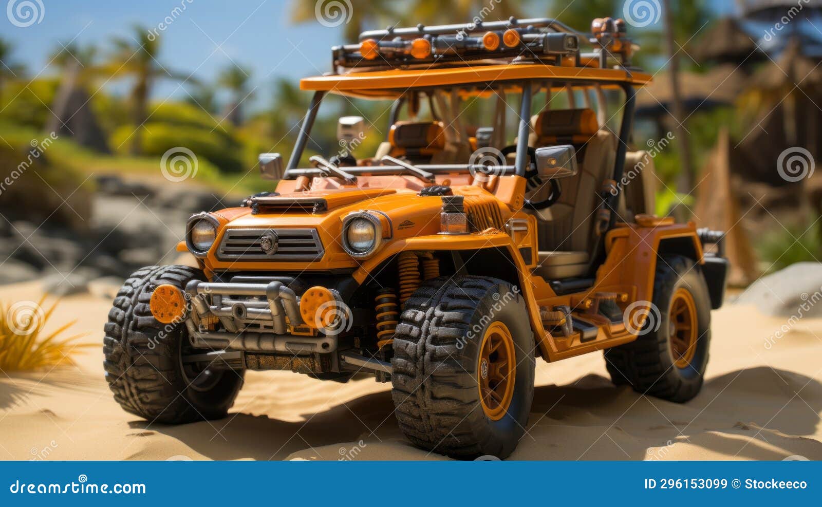 hyper-realistic orange toy off road vehicle on beach