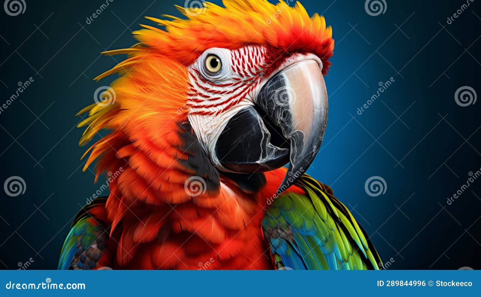 hyper-realistic portraiture of a colorful parrot on black background