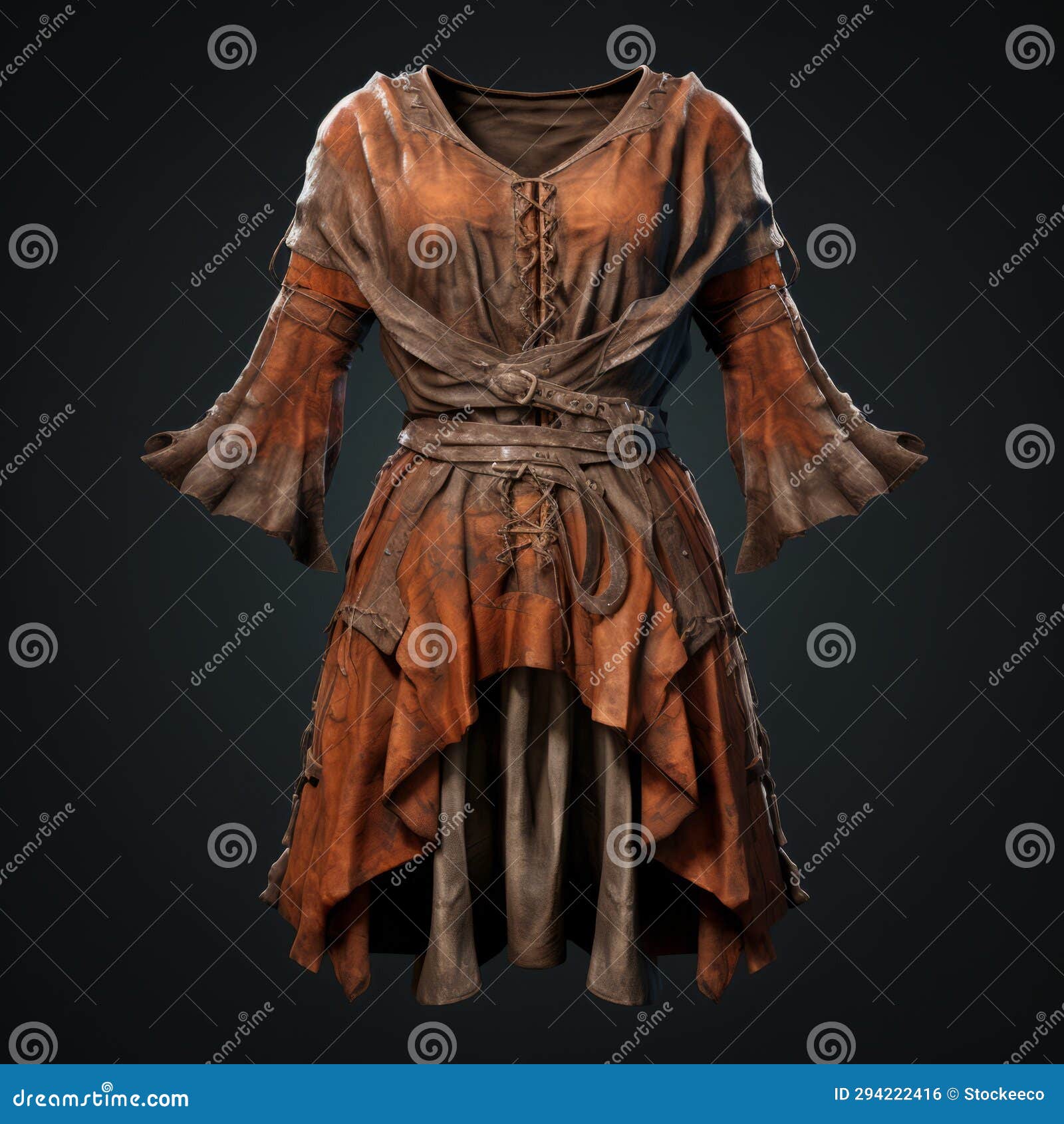 hyper realistic rust dress: 3d render of warrior's tunic in texture-rich layers