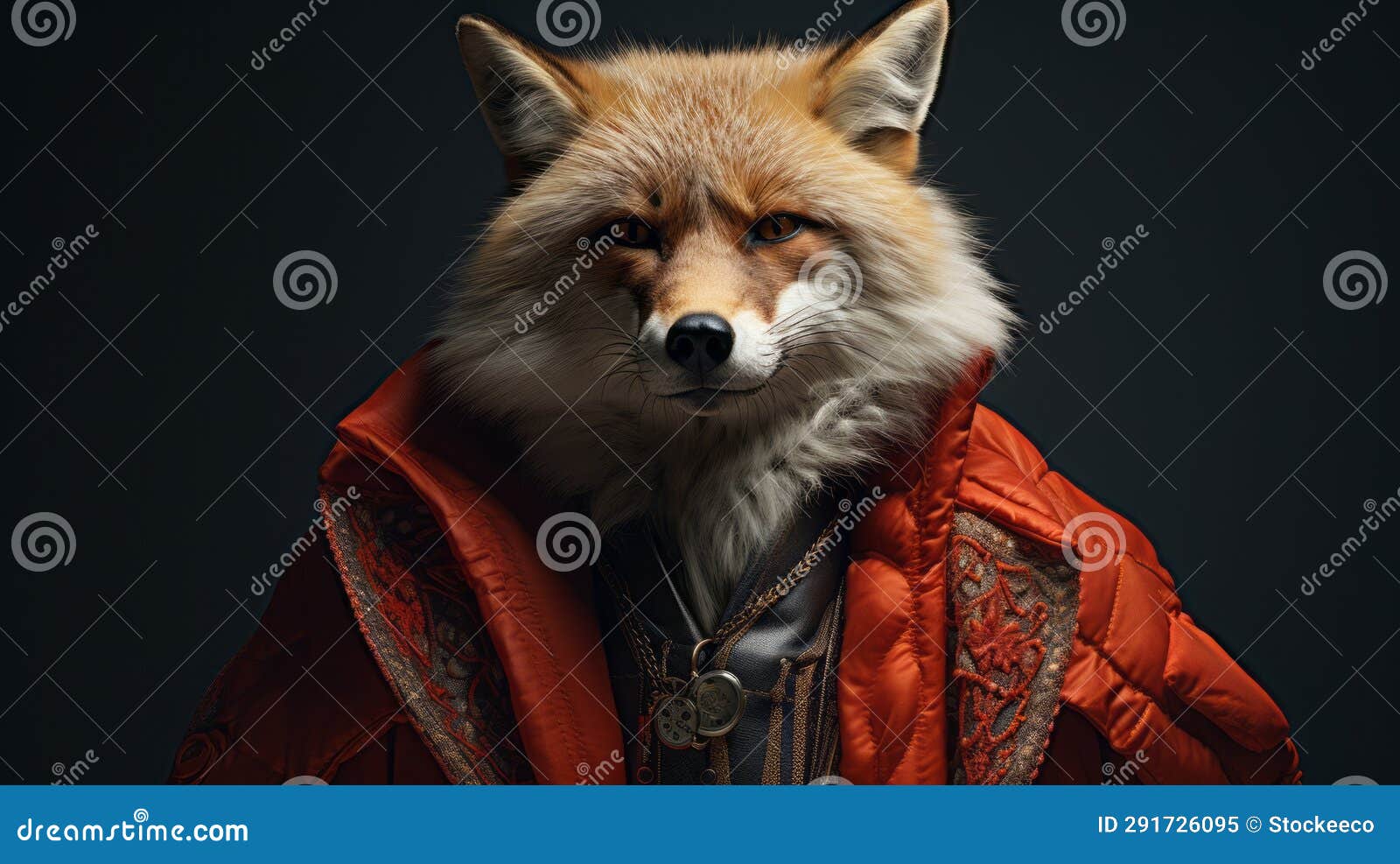 hyper-realistic sci-fi fox portrait in red coat and jacket