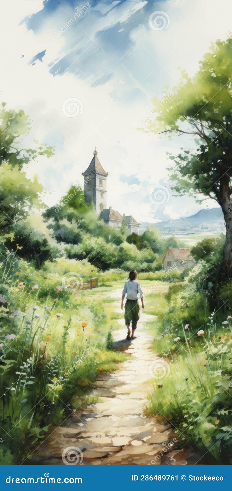 hyper realistic watercolor anime image: summerfield walk