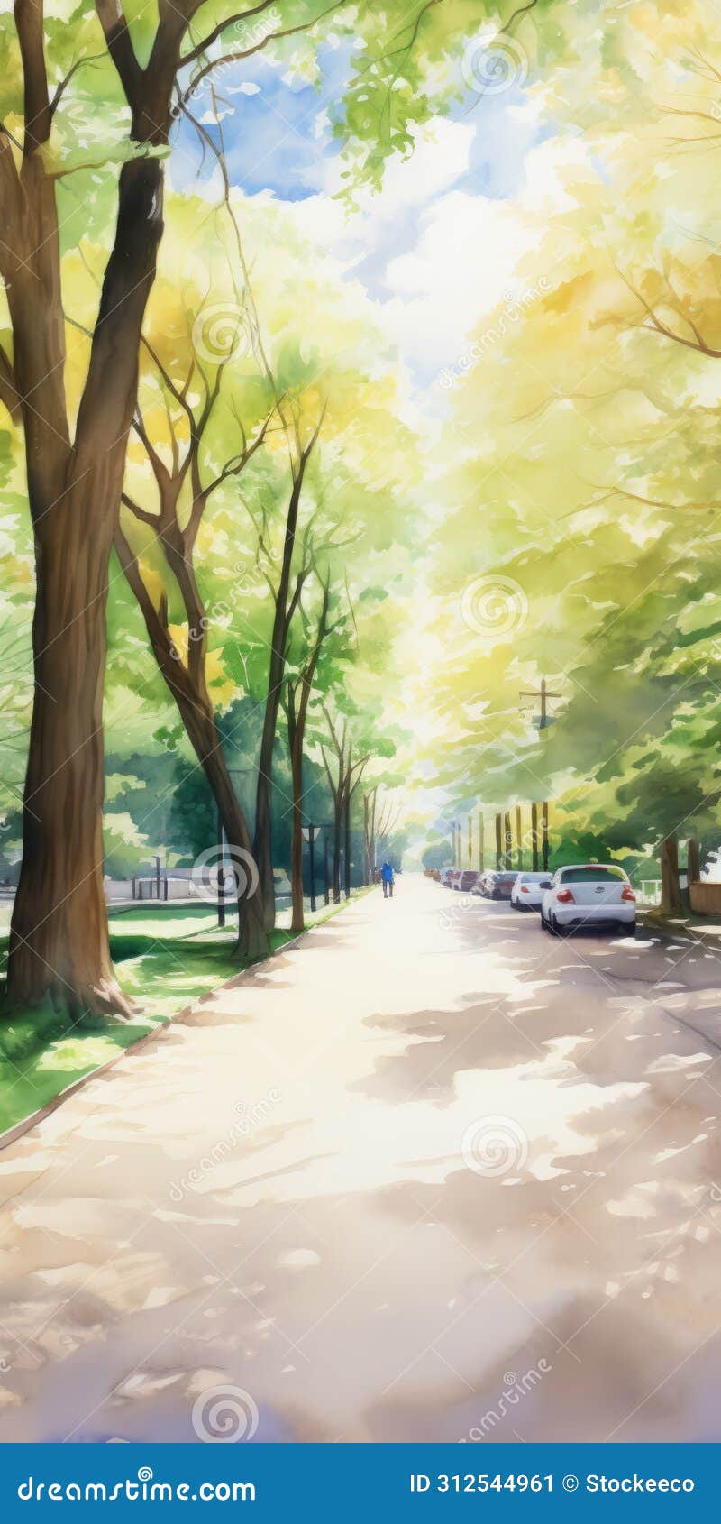 hyper realistic watercolor style image of fourteenth alley in a sunny park