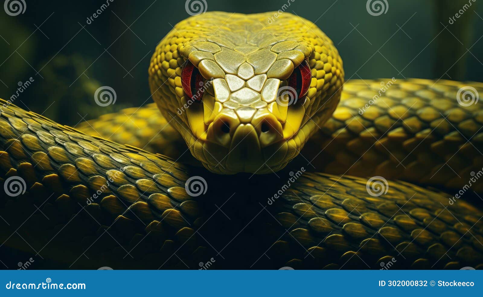 Hyperrealistic Yellow Snake with Red Eyes a Brooding Mythological