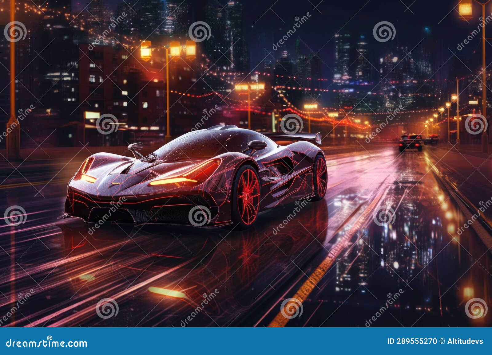 hypercars trail of light in nighttime cityscape
