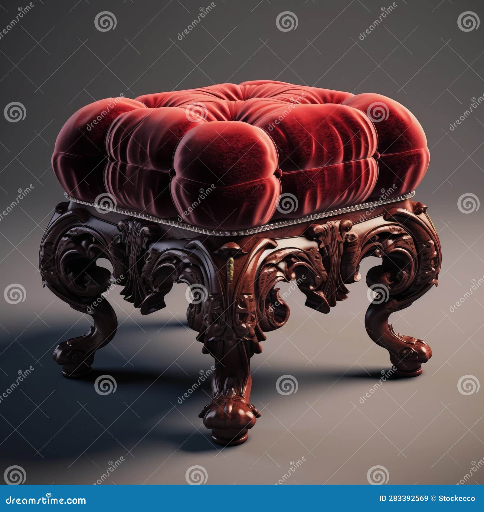 Hyperrealistic 3d Red Velvet Victorian Foot Stool with Baroque Style