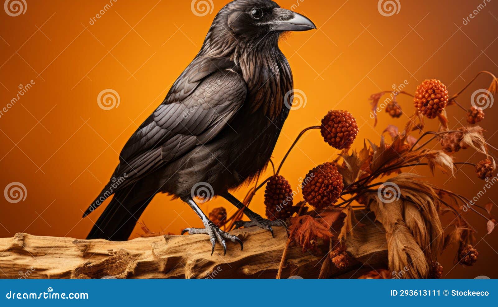 hyperrealistic crow perched on brown stem against bright background