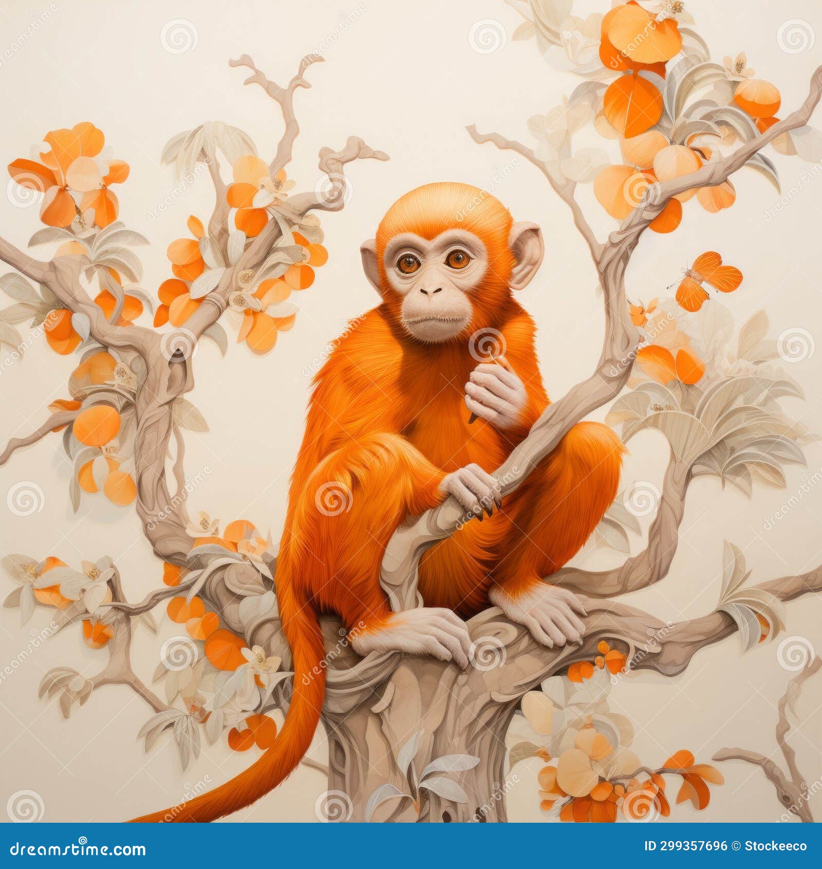 Hyperrealistic Mural Vibrant Orange Monkey on Tree Branch Stock