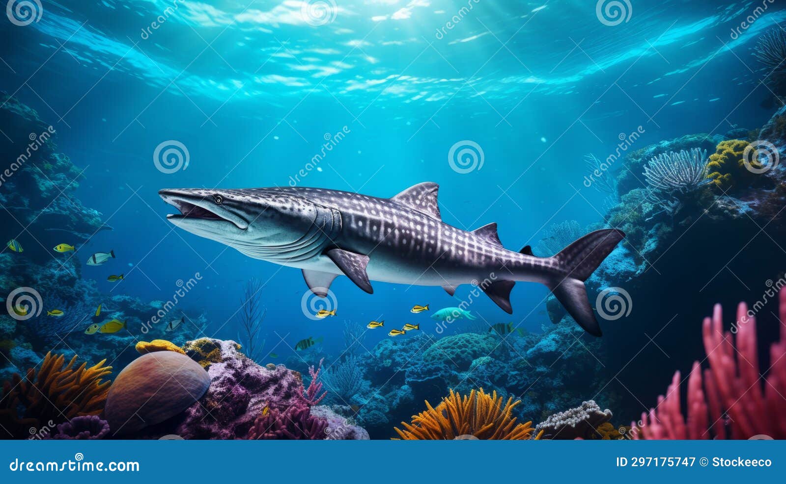 hyperrealistic shark swimming in underwater reef scene