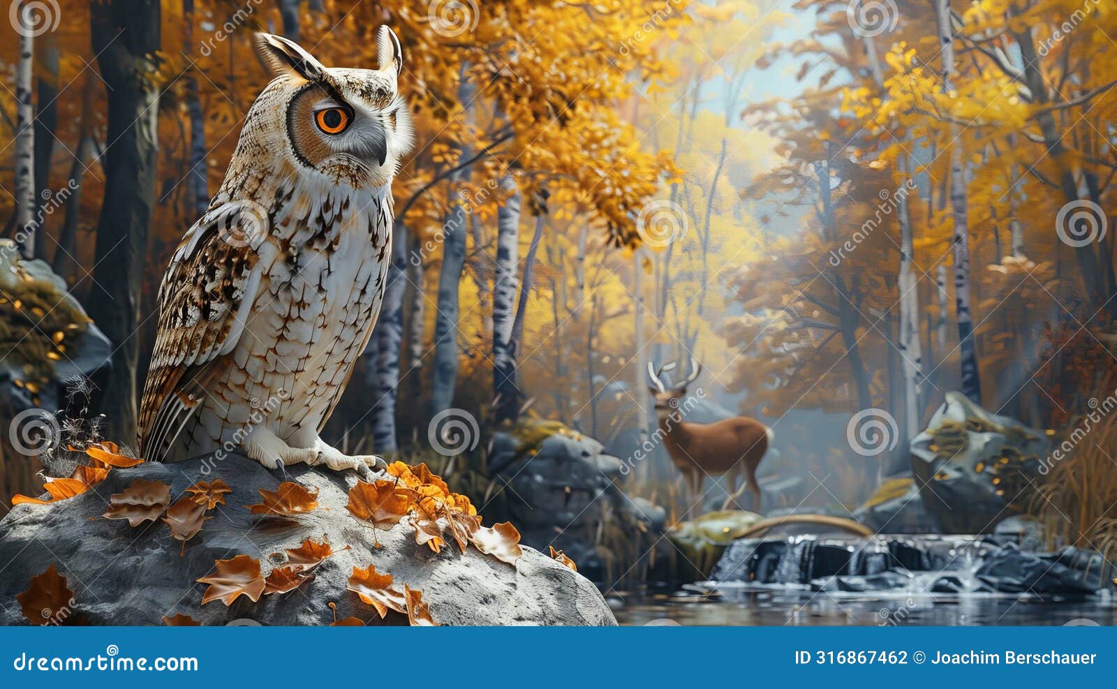hyperrealistic tree owl painting with detailed habitat, deer, and realistic lighting