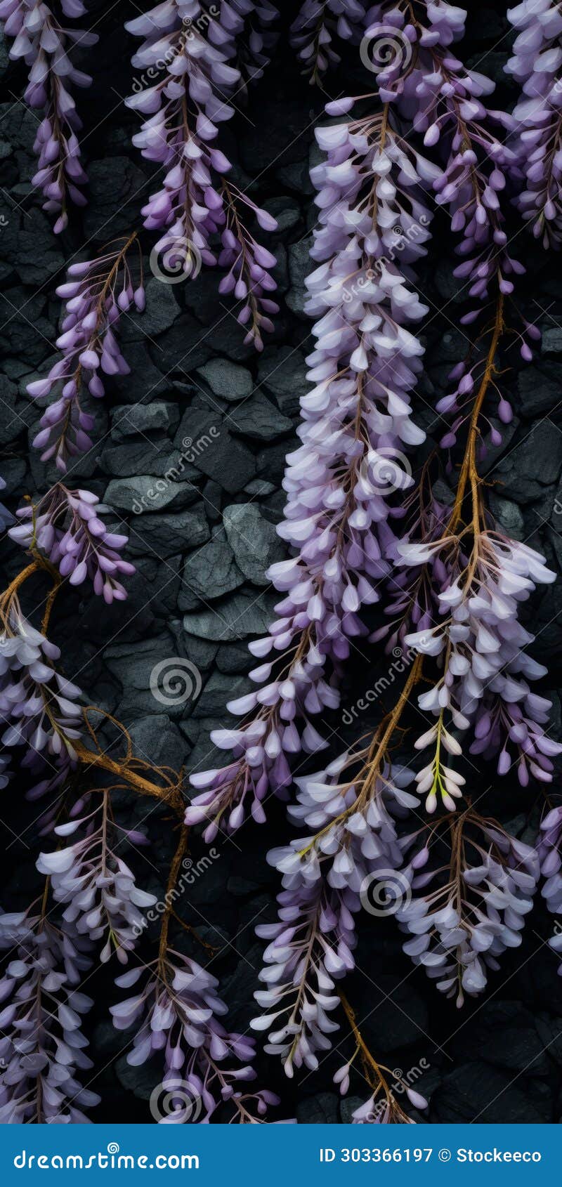 hyperrealistic wisteria vines on stone wall: delicate, whimsical, and iconic