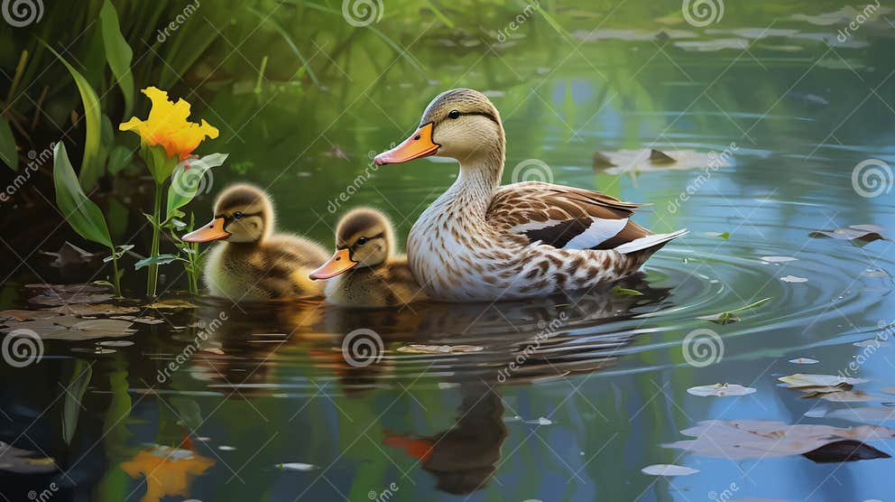 Hyperrealistische Digitale Darstellung Von Enten in Einem Teich Stock