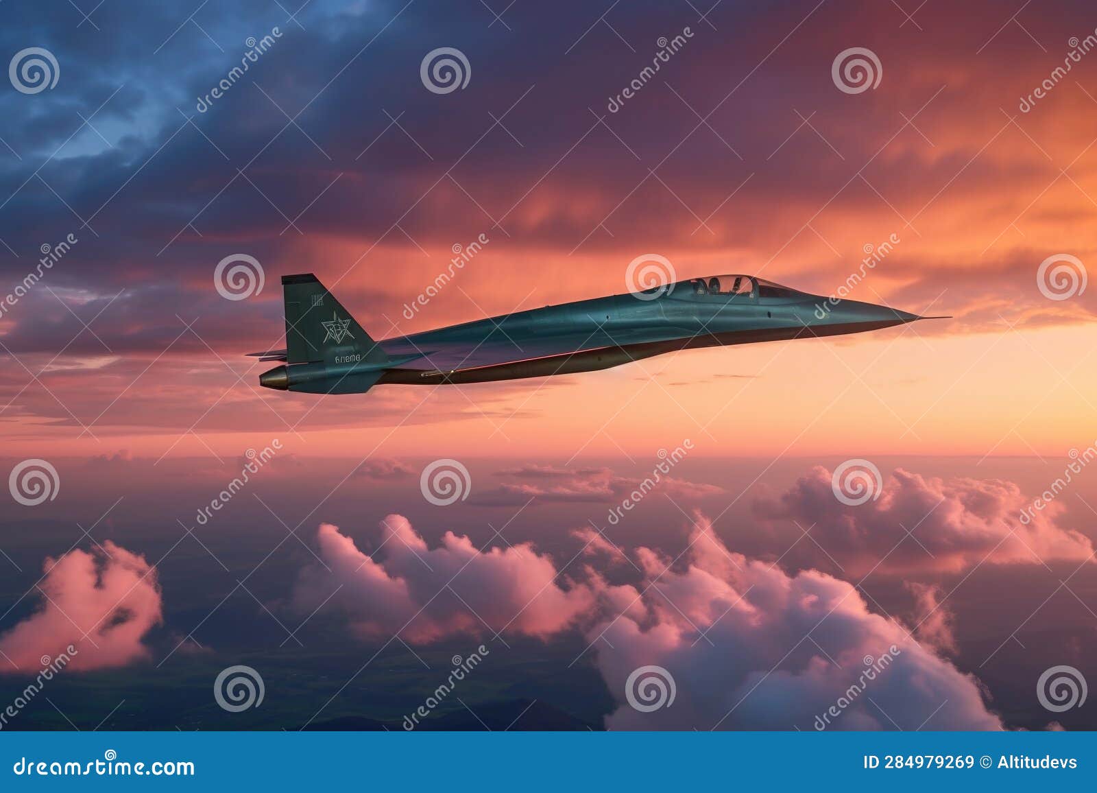 Hypersonic Jet Flying Above Cloud Layer at Sunset Stock Illustration