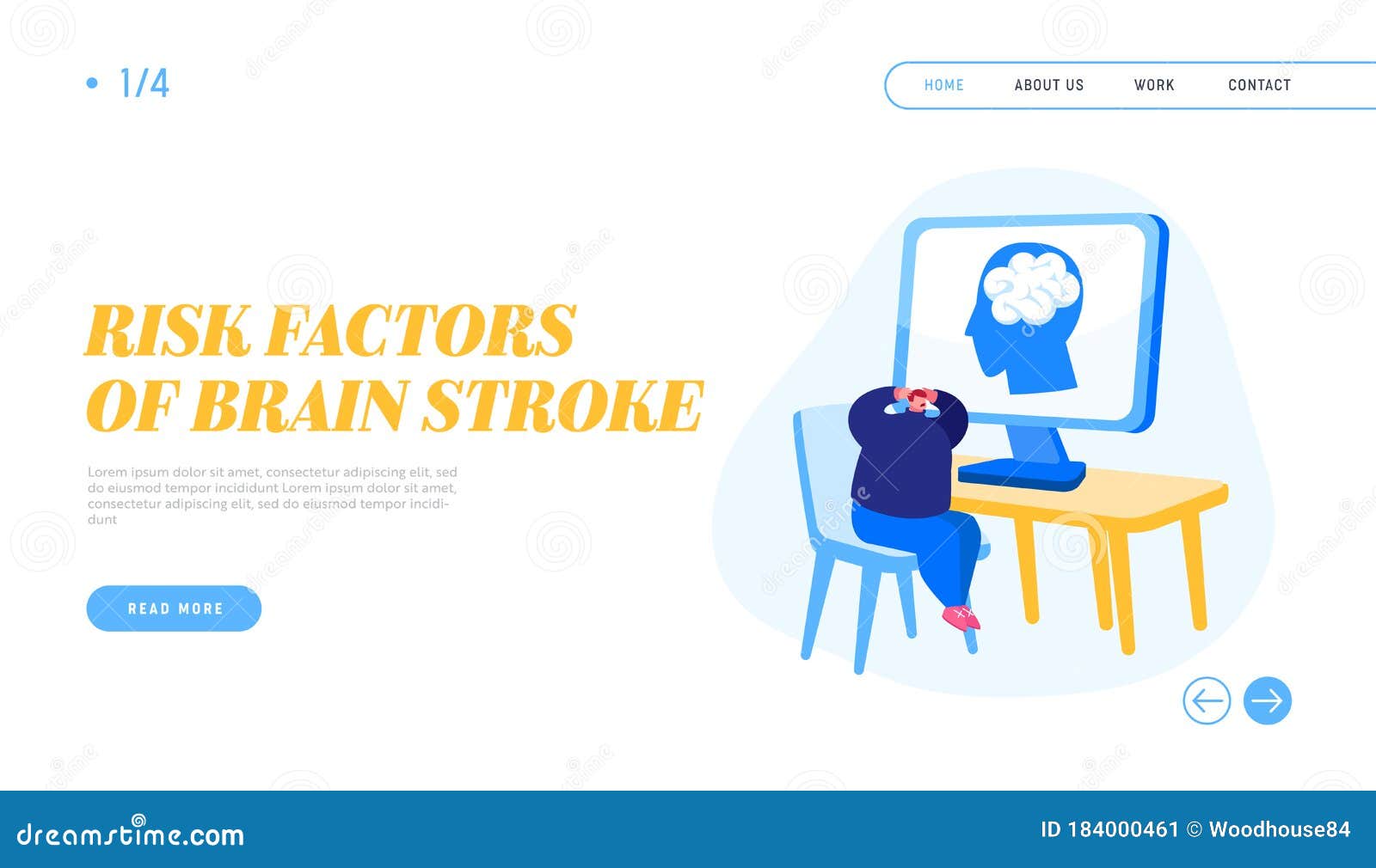 hypertension crisis landing page template. male character have brain stroke, apoplexy attack on working place