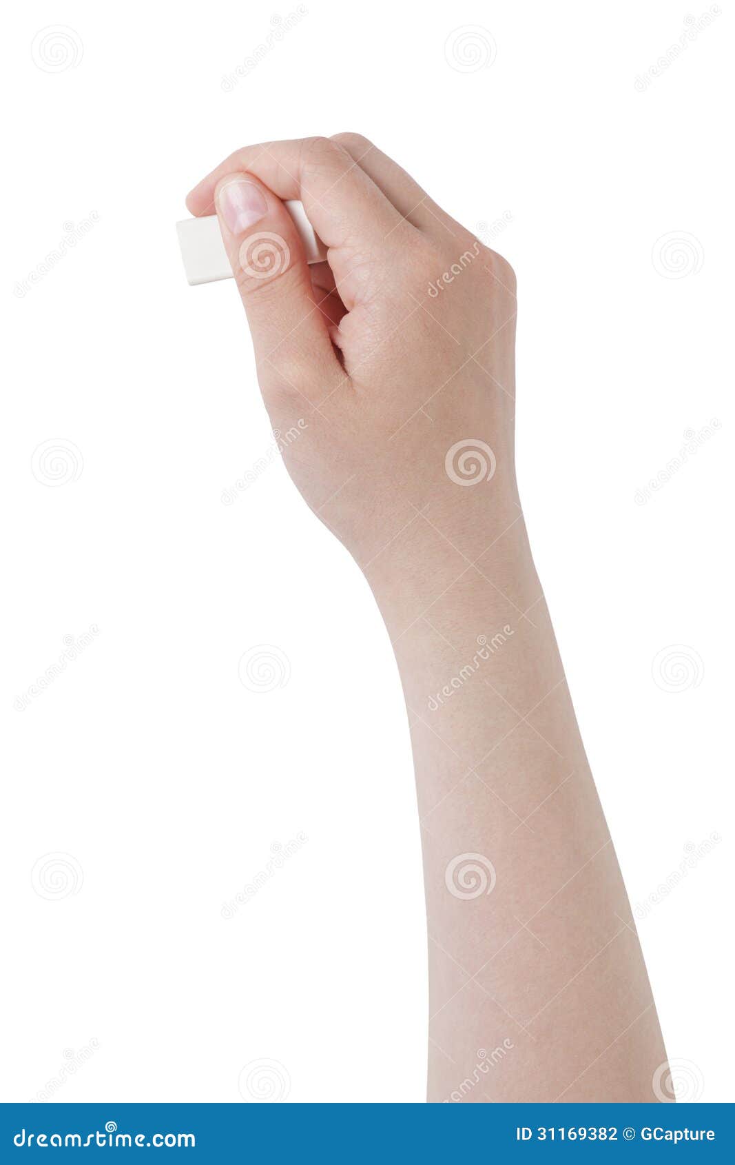 Hållande radergummi för kvinnlig tonårig hand som isoleras på vit