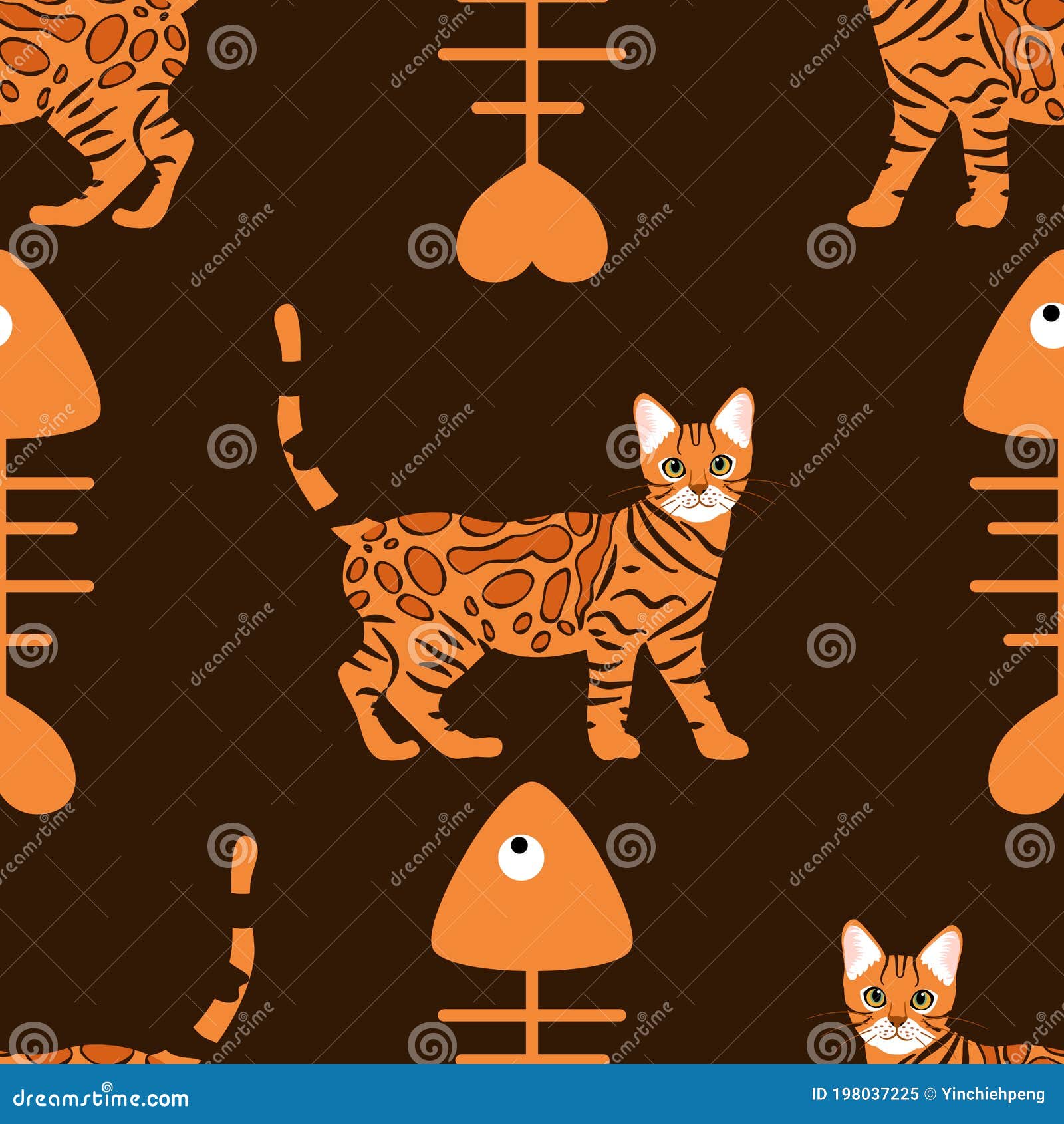 Bengal Cat Seamless Pattern Background with Fish Bone. Cartoon Orange Tabby  Spotted Cat Kitten Background Stock Vector - Illustration of decoration,  fish: 198037225