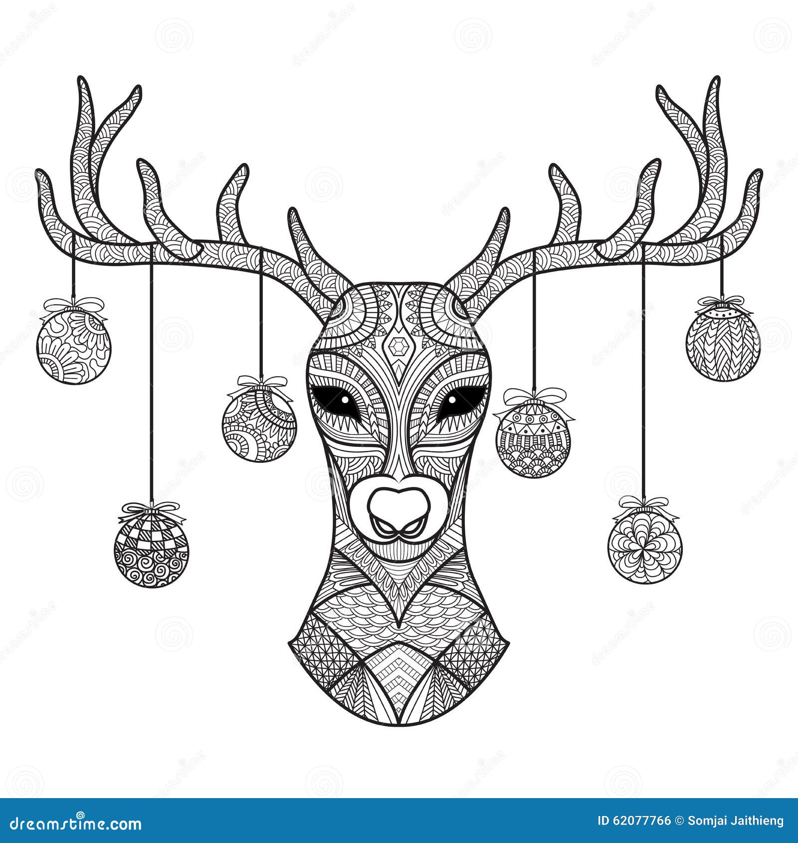I cervi disegnati a mano si dirigono con le palle di Natale che appendono sul suo corno per il libro da colorare cartolina di N