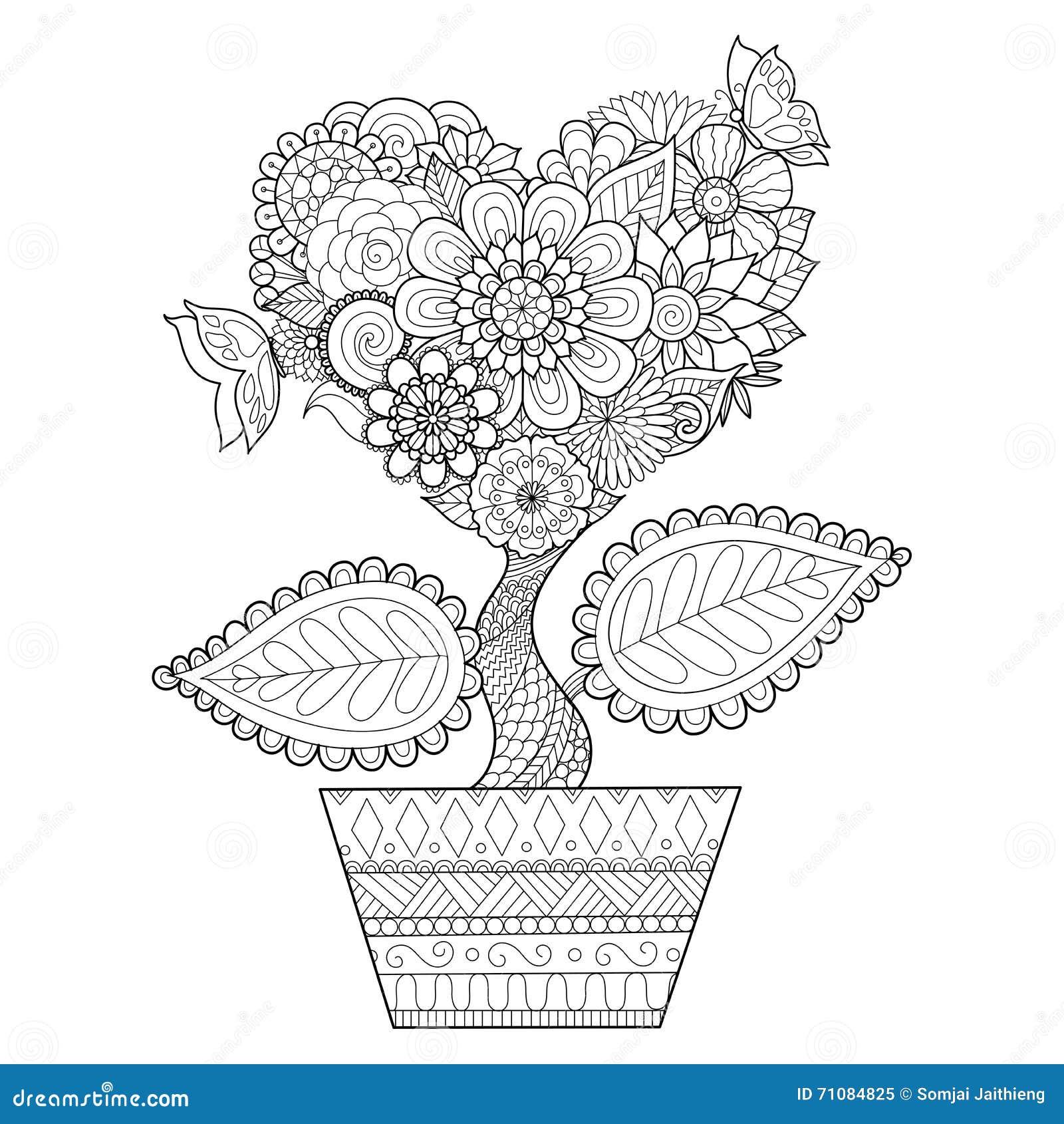 I fiori nella forma del cuore su una linea arte del vaso pro tano per il libro da colorare per l adulto tatuaggio grafico del