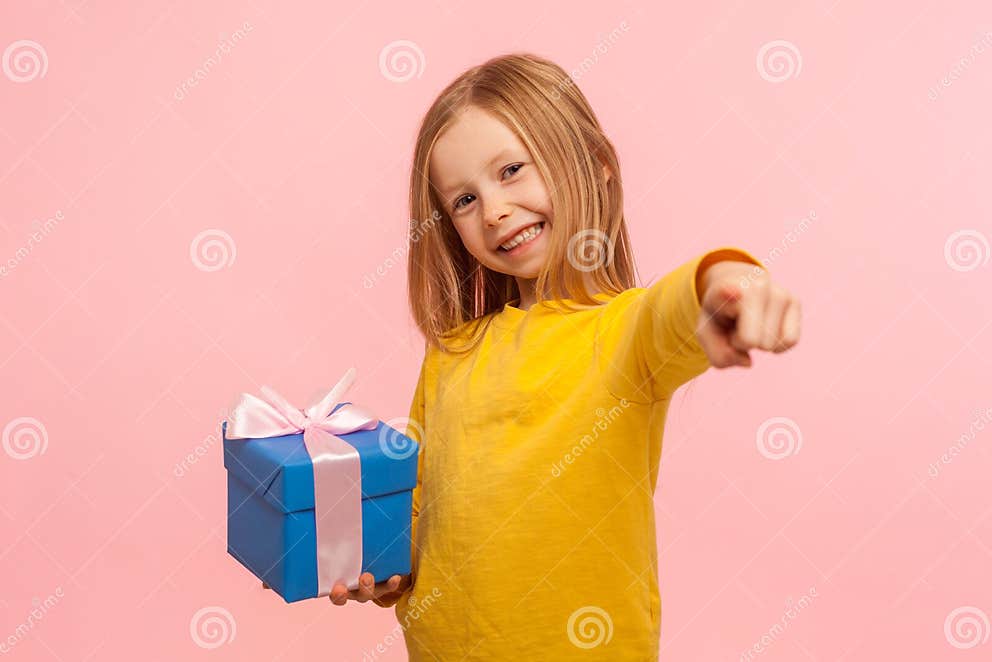 I Have Present for You! Portrait of Kind Generous Little Girl Standing ...