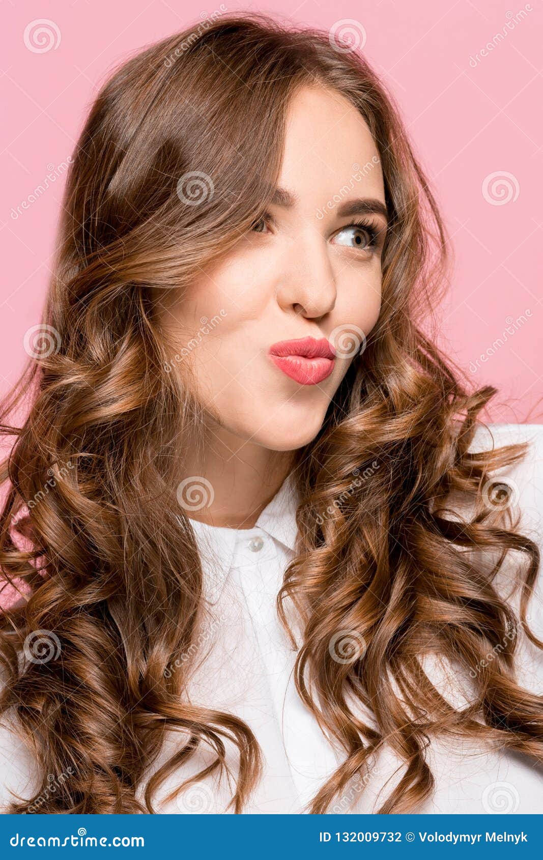 Portrait Of Attractive Cute Girl With Bright Makeup With Kiss Isolated