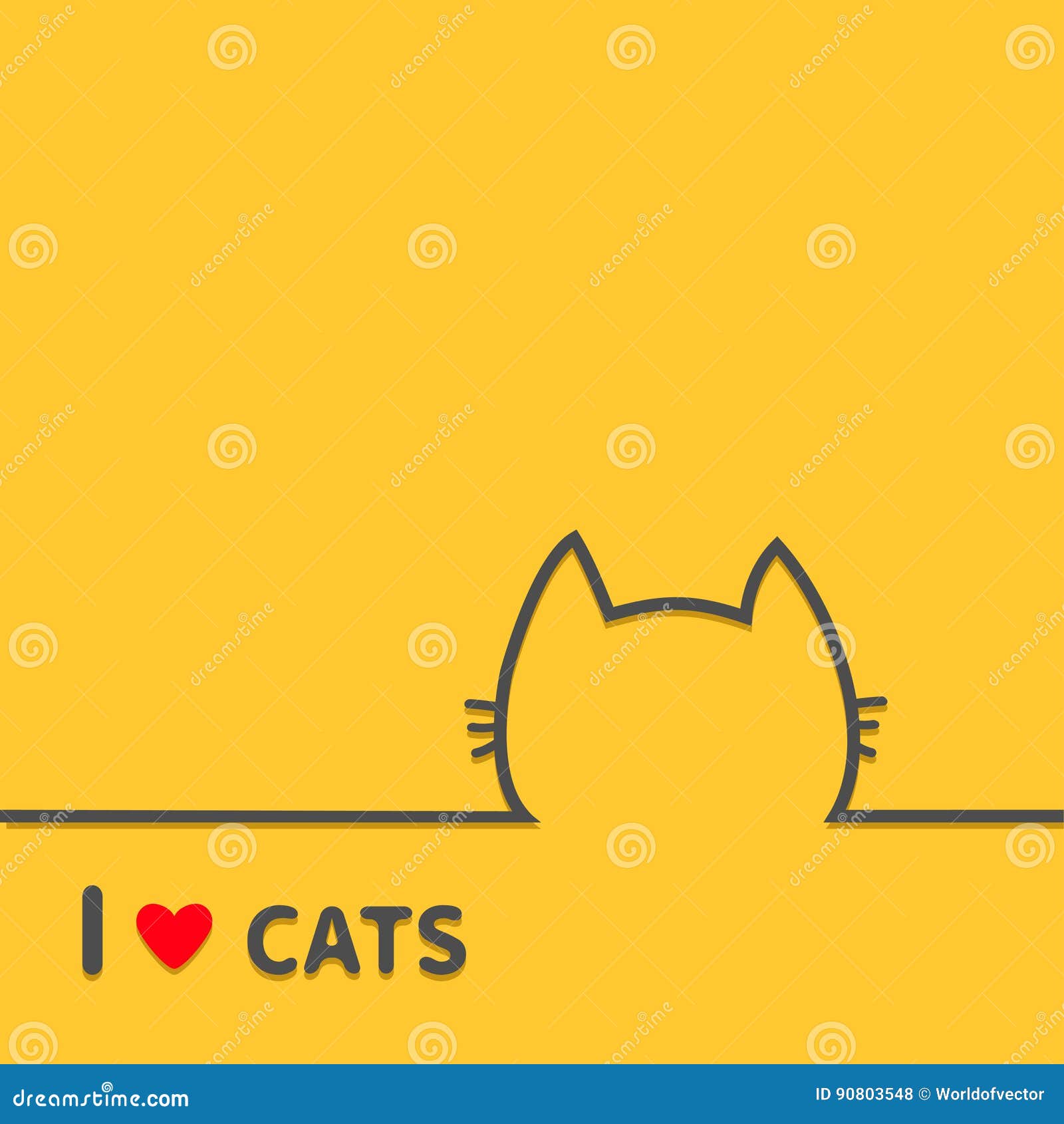 Black cat head face contour silhouette line icon. Cute cartoon character. I love  cats heart Text lettering. Kitty kitten whisker Baby pet Yellow background.  Isolated Flat design Stock Vector