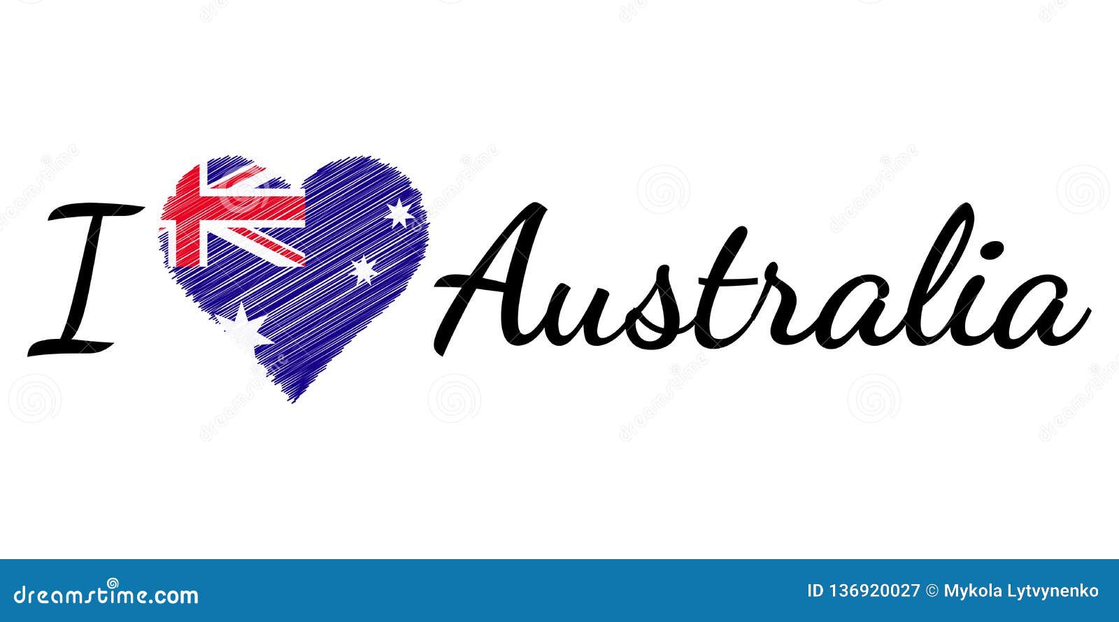 I Love Country Australia, Text Heart Doodle, Vector Calligraphic Text