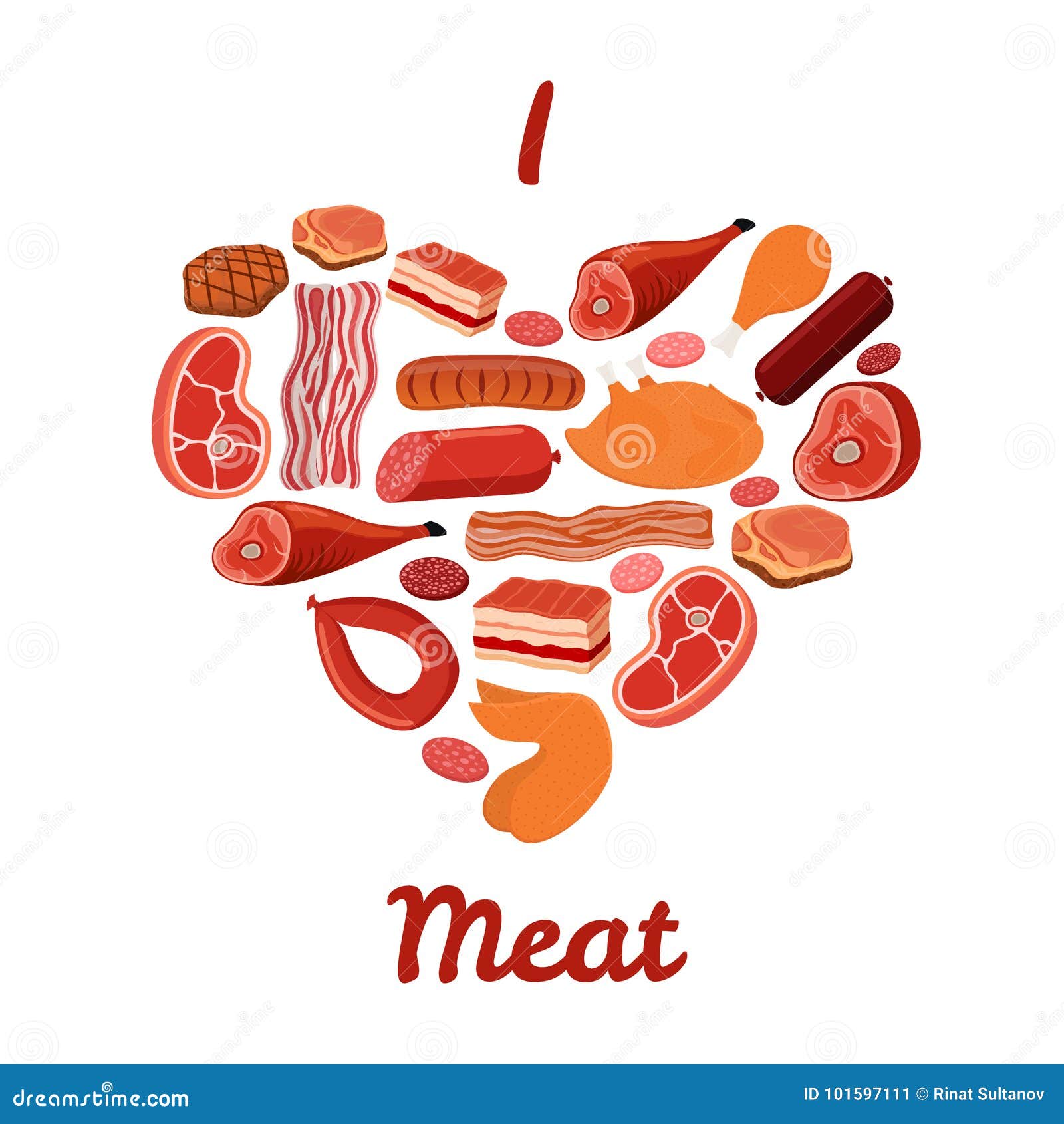 i love meat set. bacon, chicken, ham, smoked pork, jamon . cartoon style. 