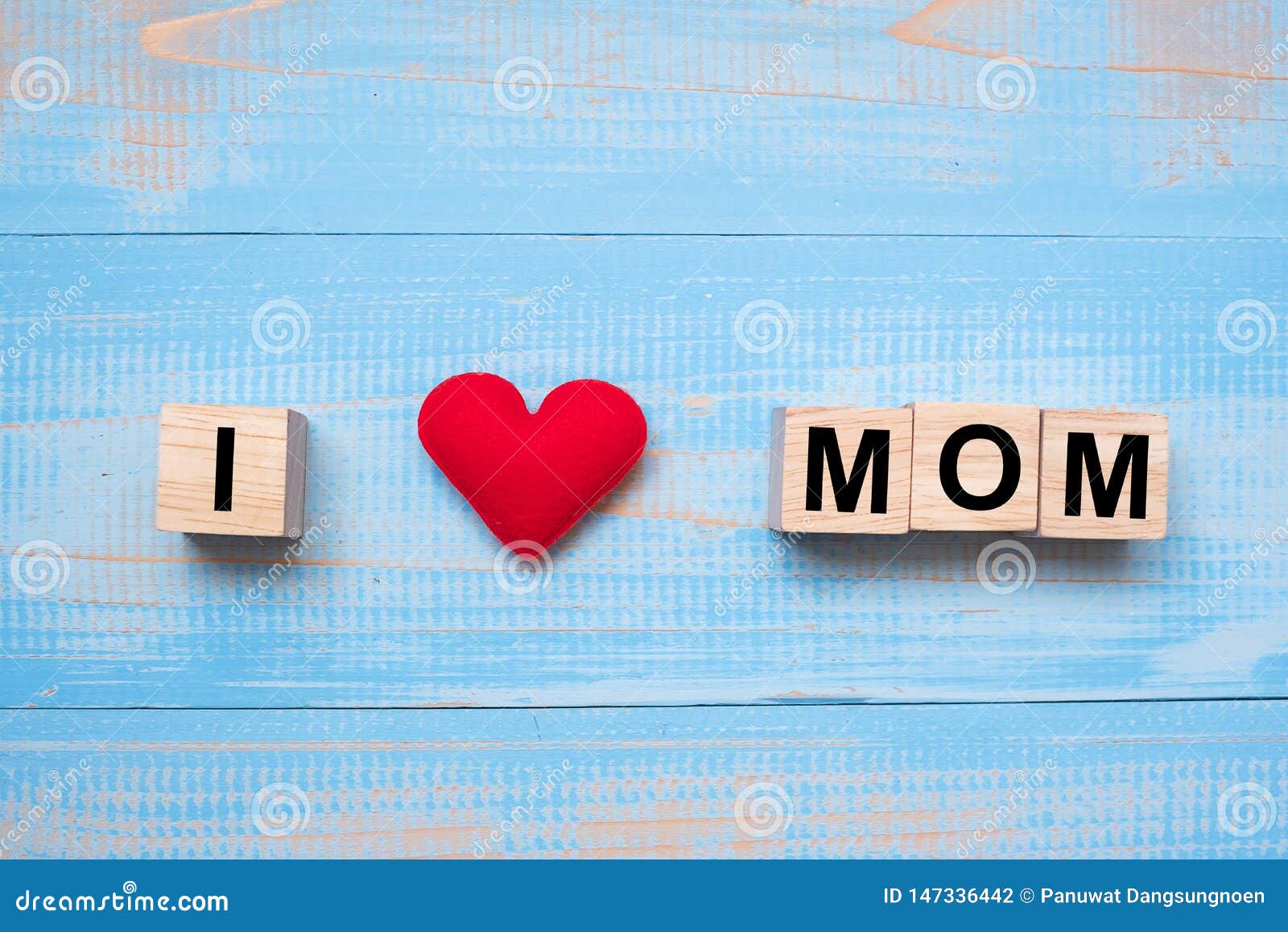 I Love MOM Text with Red Heart Shape on Blue Wooden Background. Happy ...
