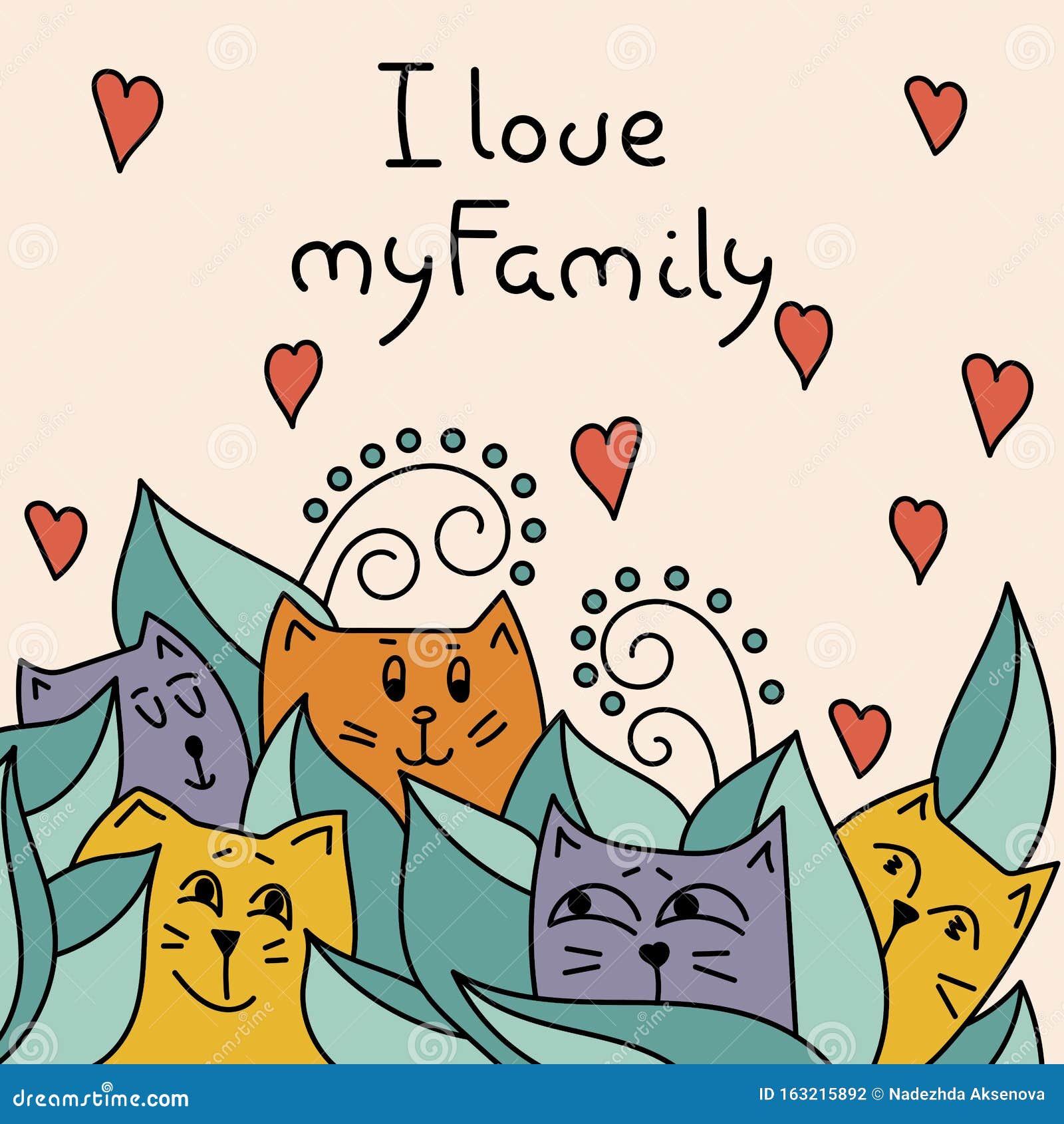 I Love My Family, Text. Cute Cats Peeking Out of the Leaves Stock ...