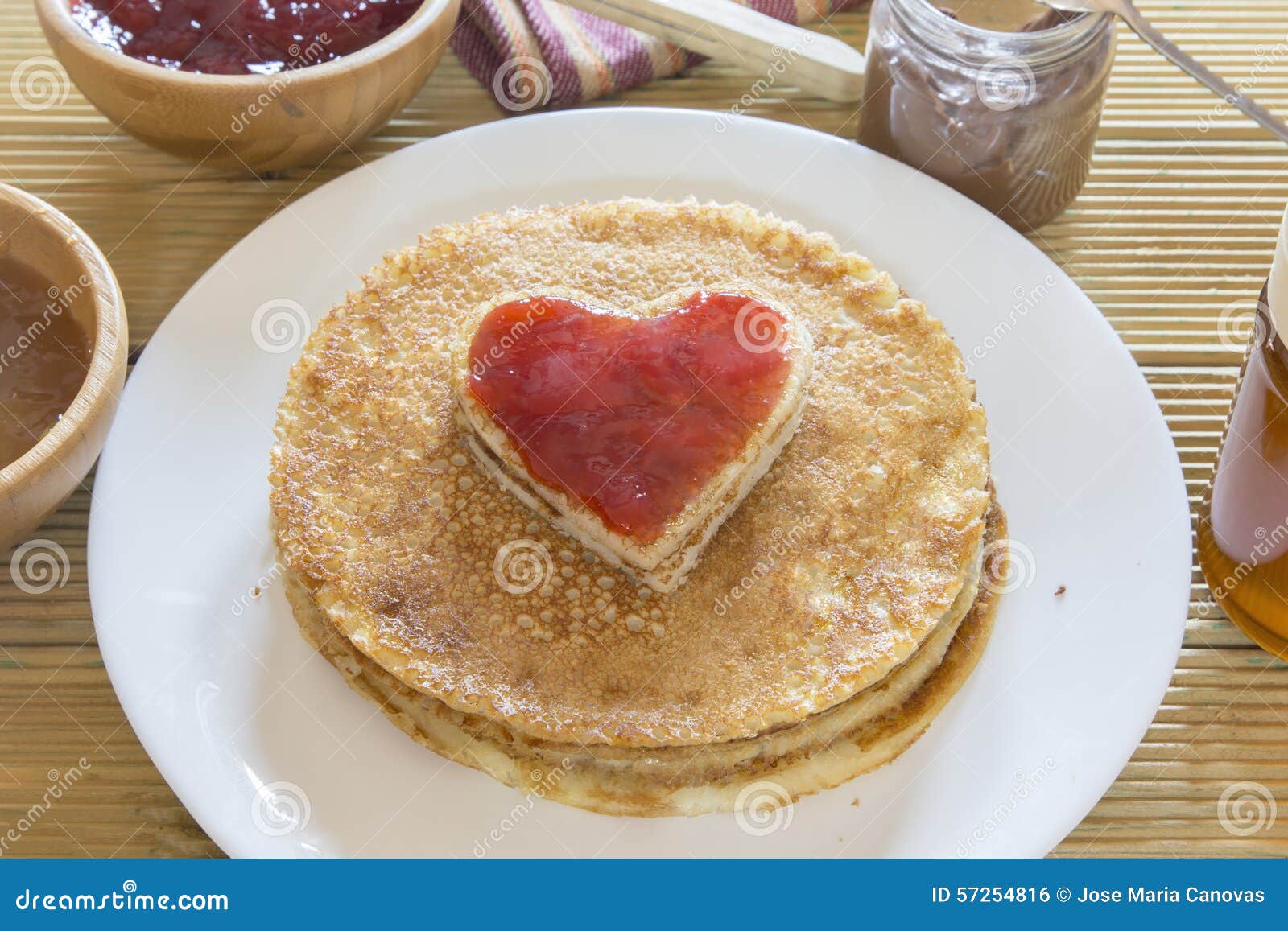 I Love Pancakes. Heart Shaped Pancake with Strawberry Jam Stock Photo ...