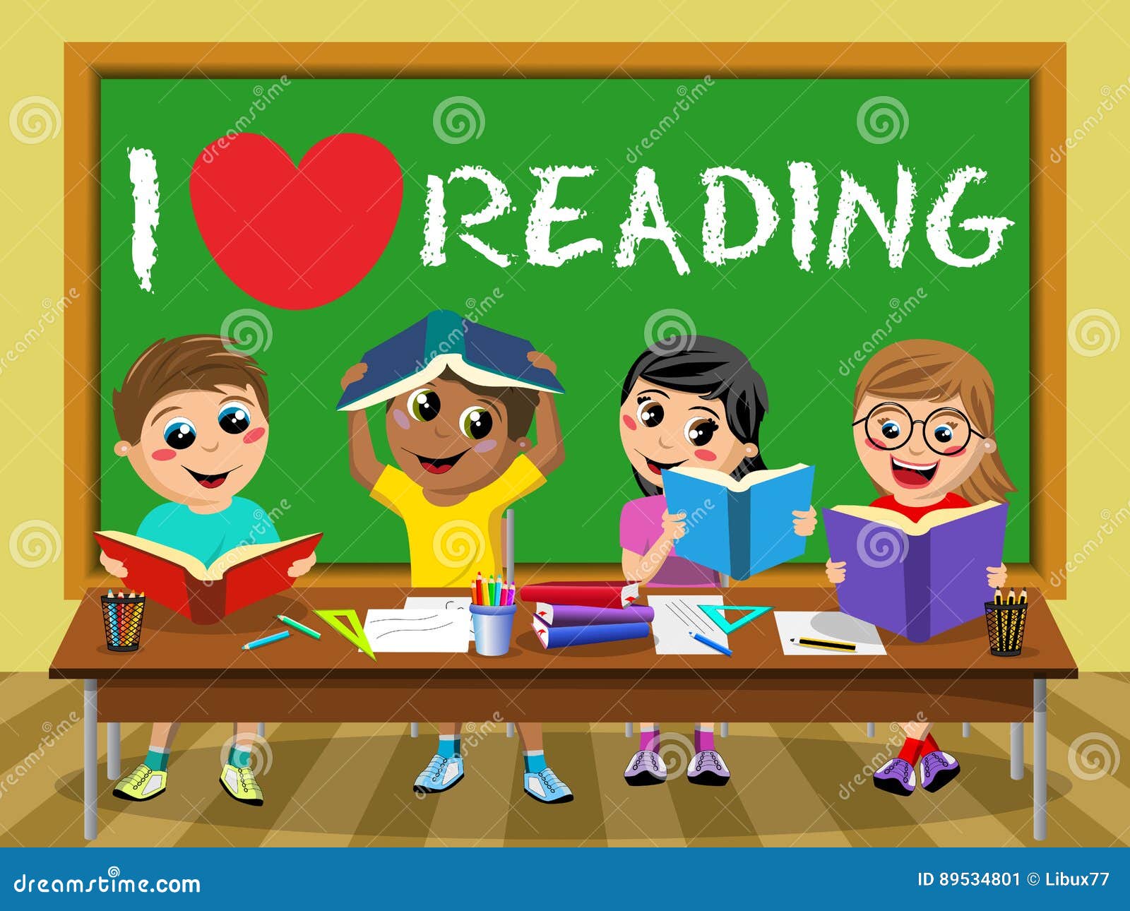 I Love Reading Blackboard Happy Kids Children Classroom ...
