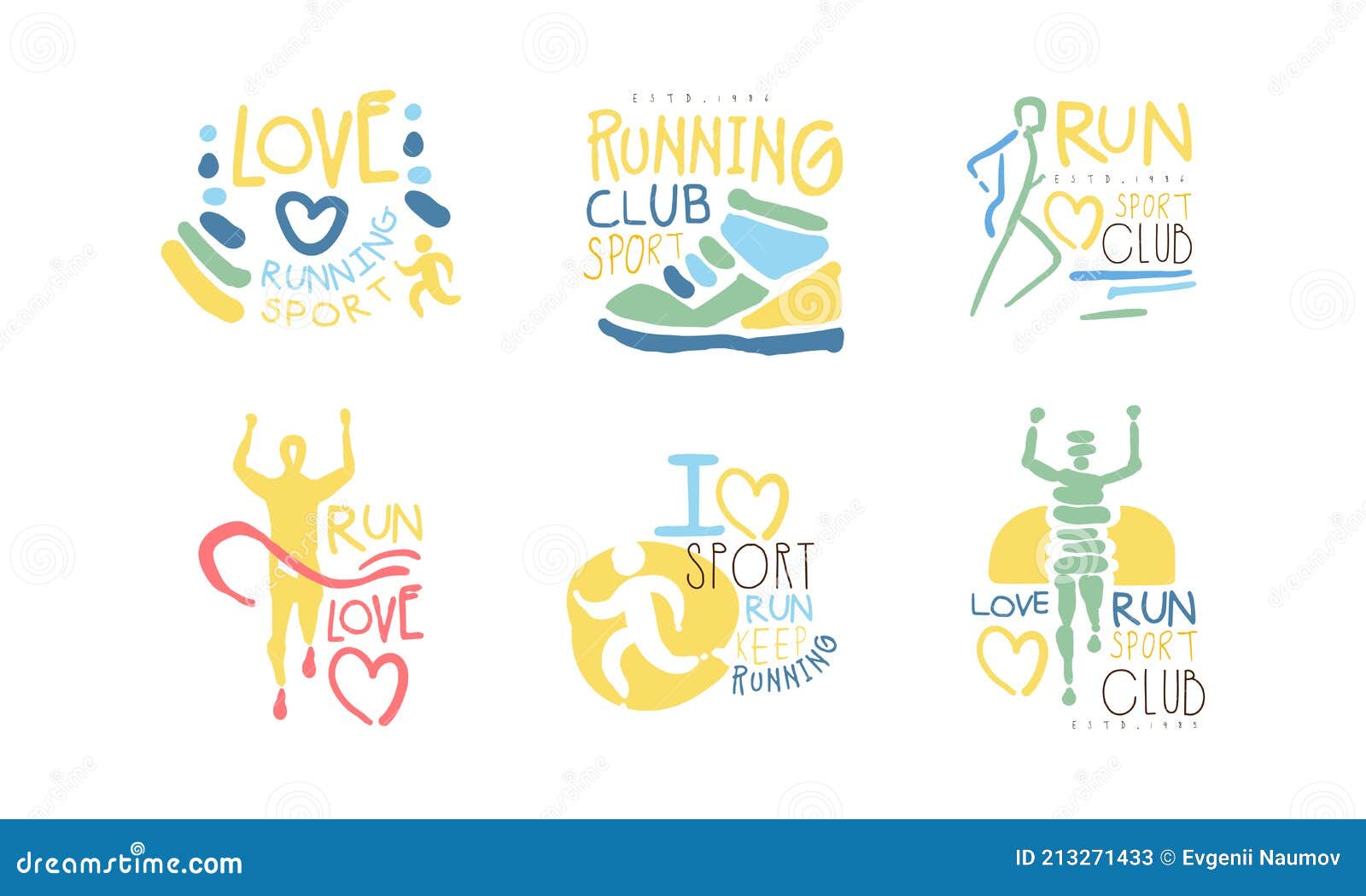 Vetor de Running Sport Club Logo Set, I Love Run Retro Hand Drawn