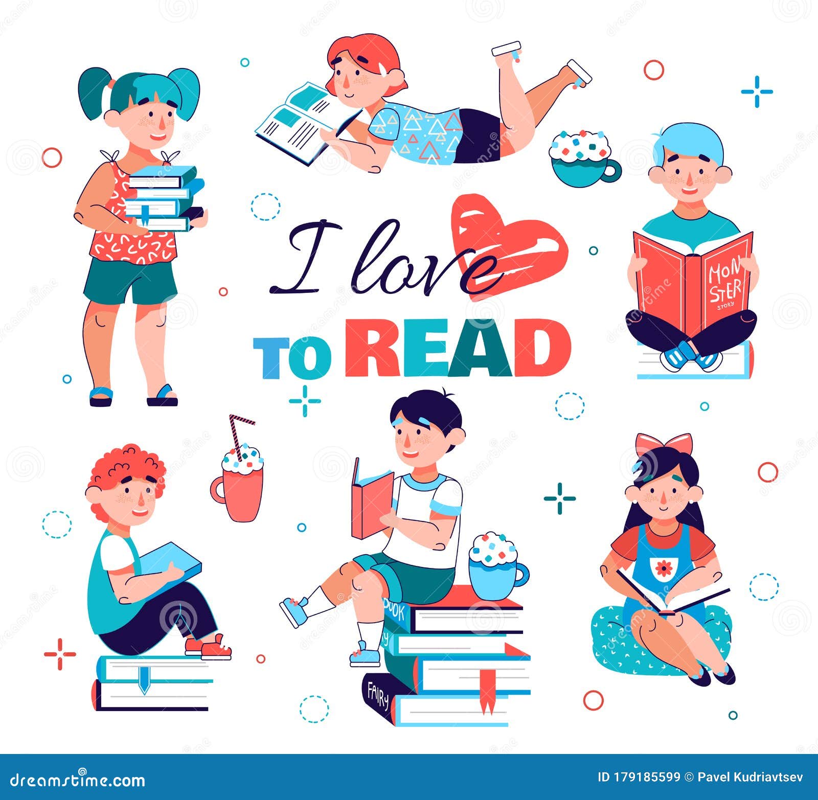 I Love To Read - Children Education Poster with Cartoon Kids Reading Books  Stock Vector - Illustration of leisure, flat: 179185599