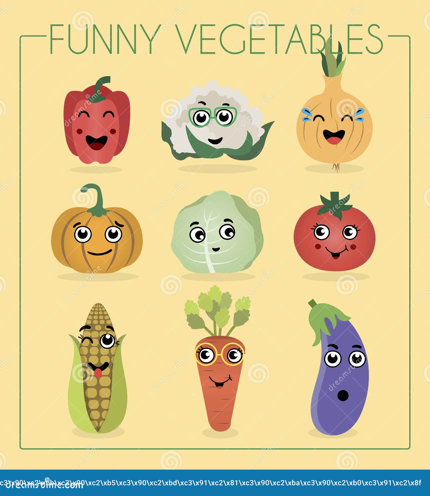 A Set of Flat Vegetables and Fruits with Cartoon Faces. Funny Characters  from Food Stock Vector - Illustration of funny, isolated: 184701797